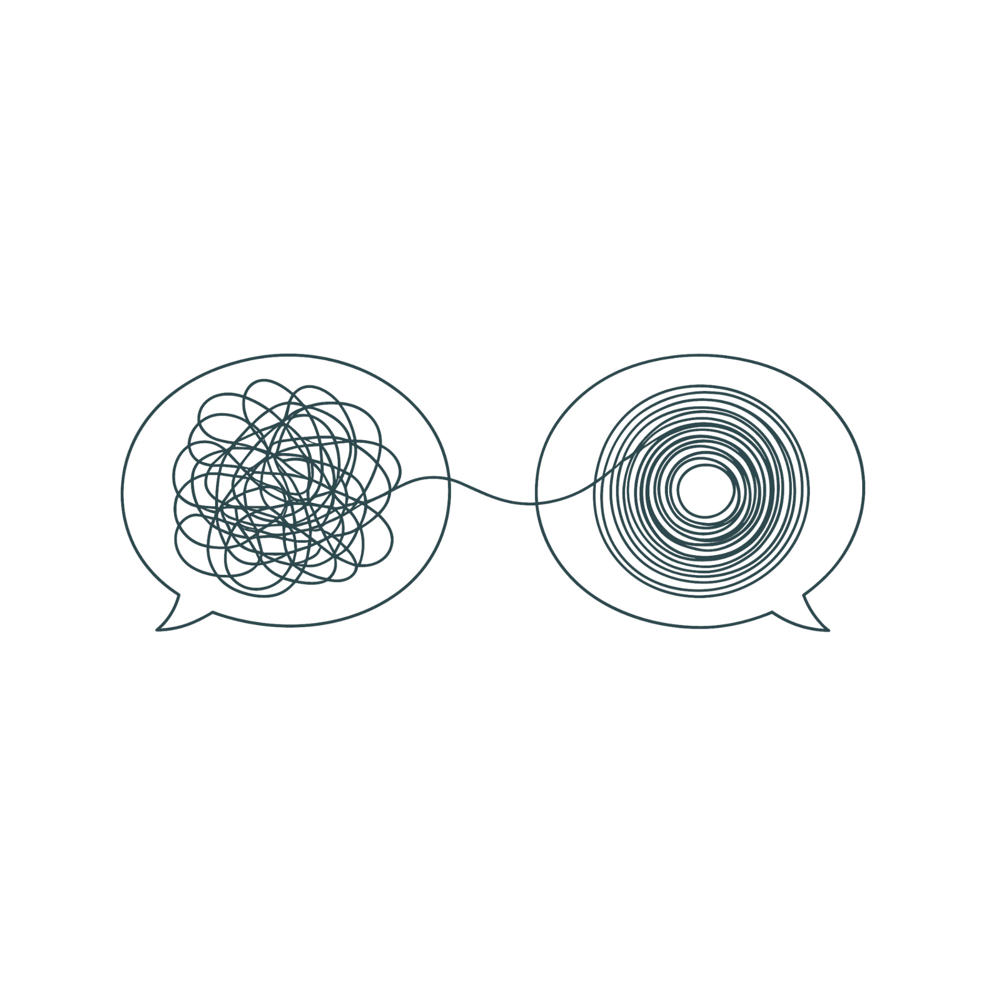 Two speech bubbles with scribbled lines and spiral patterns indicating chaotic or confused thoughts.