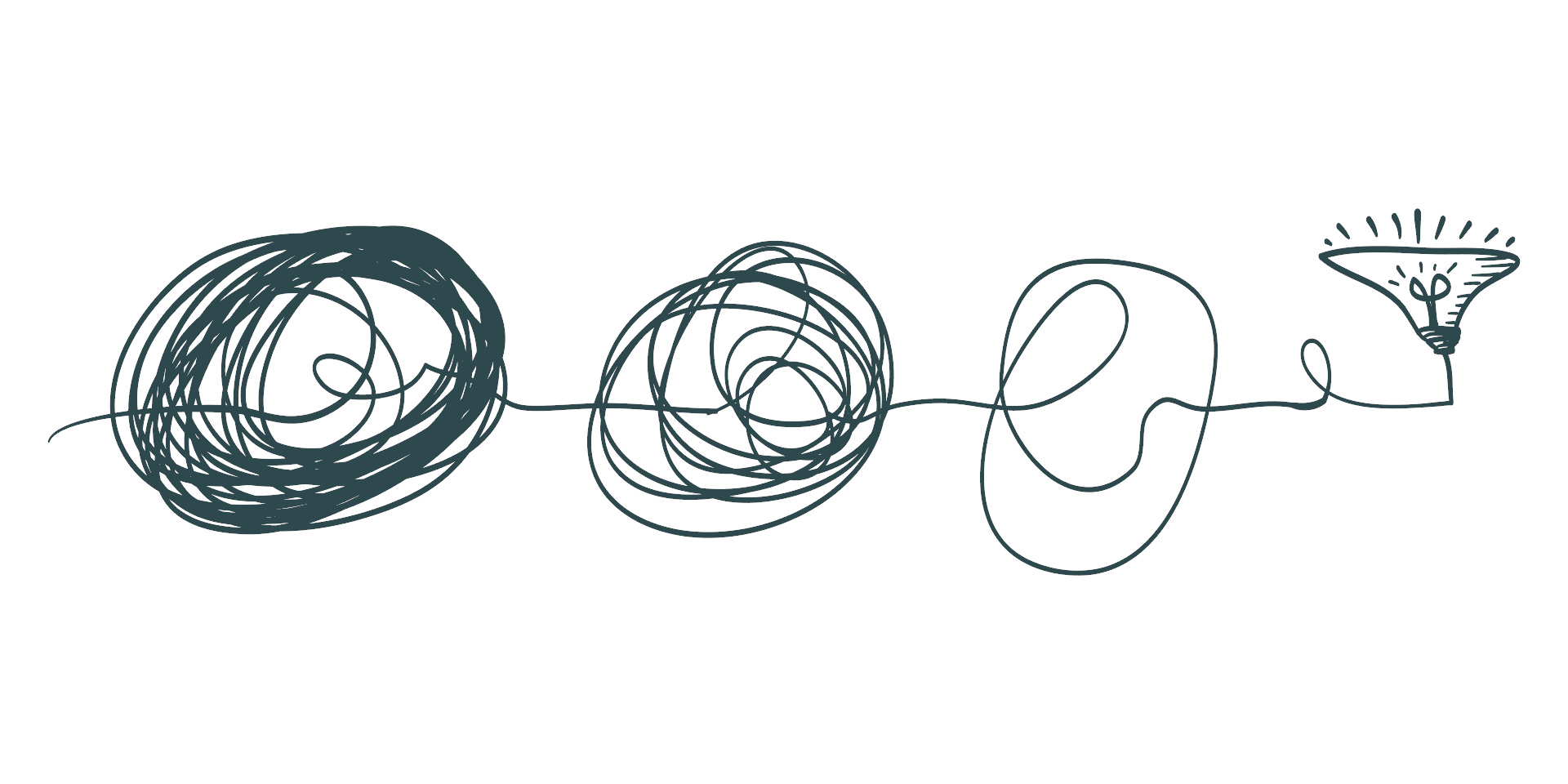 Line drawing of a tangled line progressing from a large scribble to a smaller scribble, then to a loop, and ending in a flower-like shape.