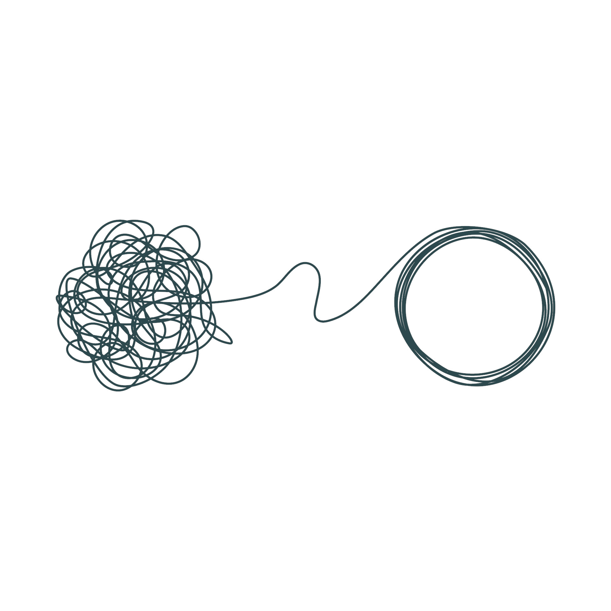 A tangled ball of black string on the left connected to a loose, coiled black string on the right, with a curved line in between.