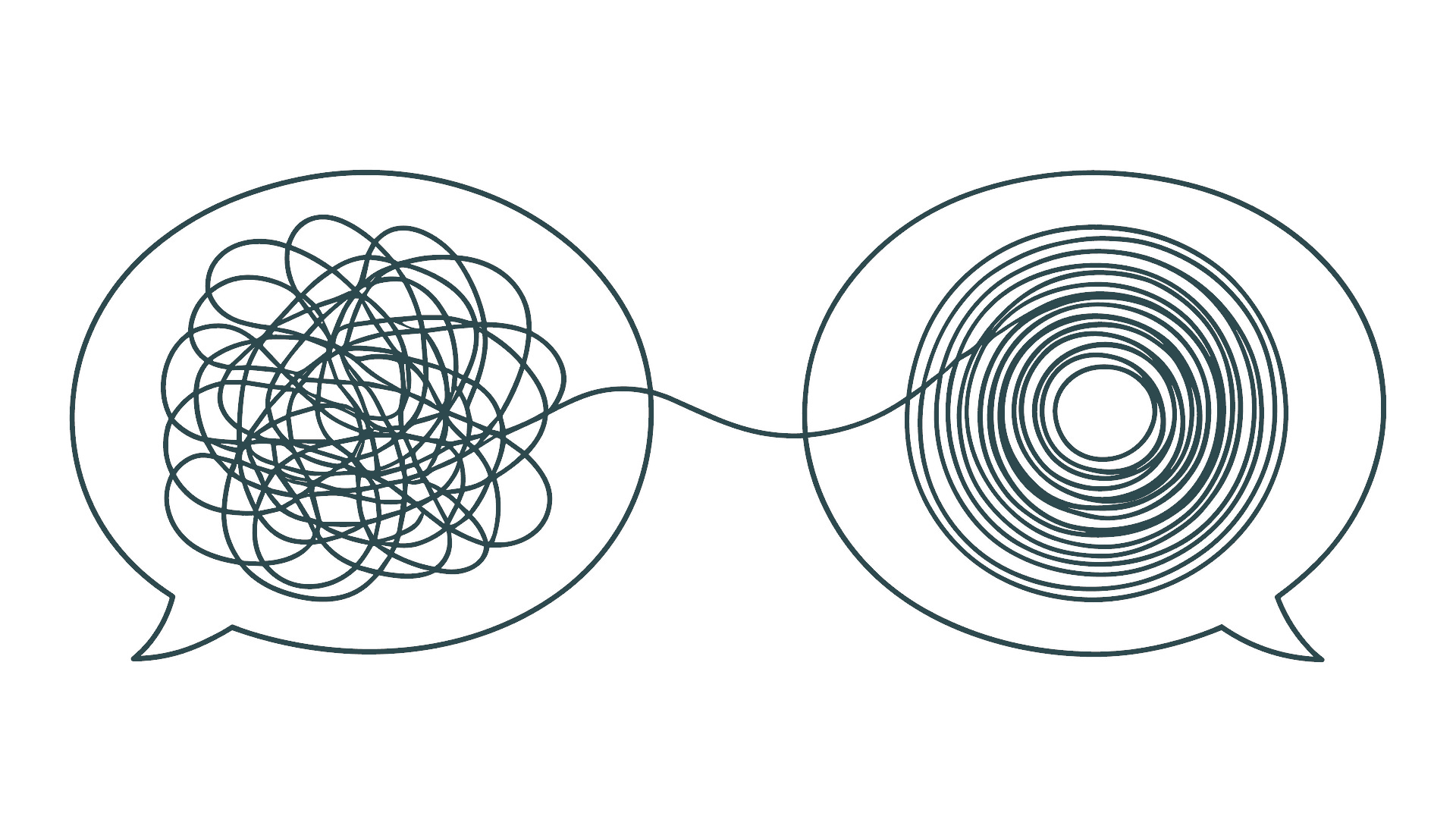 Two speech bubbles connected by a line, one contains a tangled scribble, the other contains concentric circles.