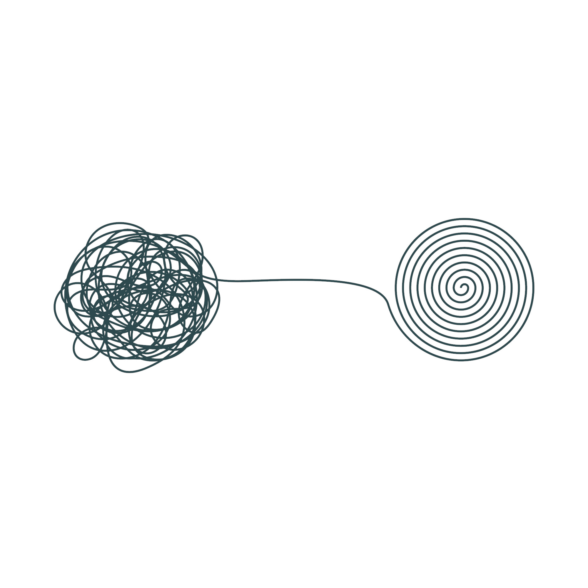 A diagram illustrating the transition from a tangled, chaotic ball to a smooth, circular spiral, symbolizing problem solving or clarity.