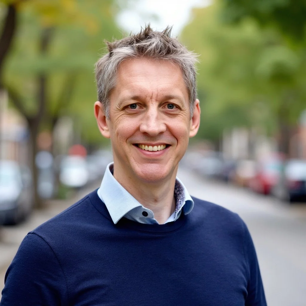 A smiling man with short, tousled gray hair standing outdoors on a city street with trees and parked cars in the background.