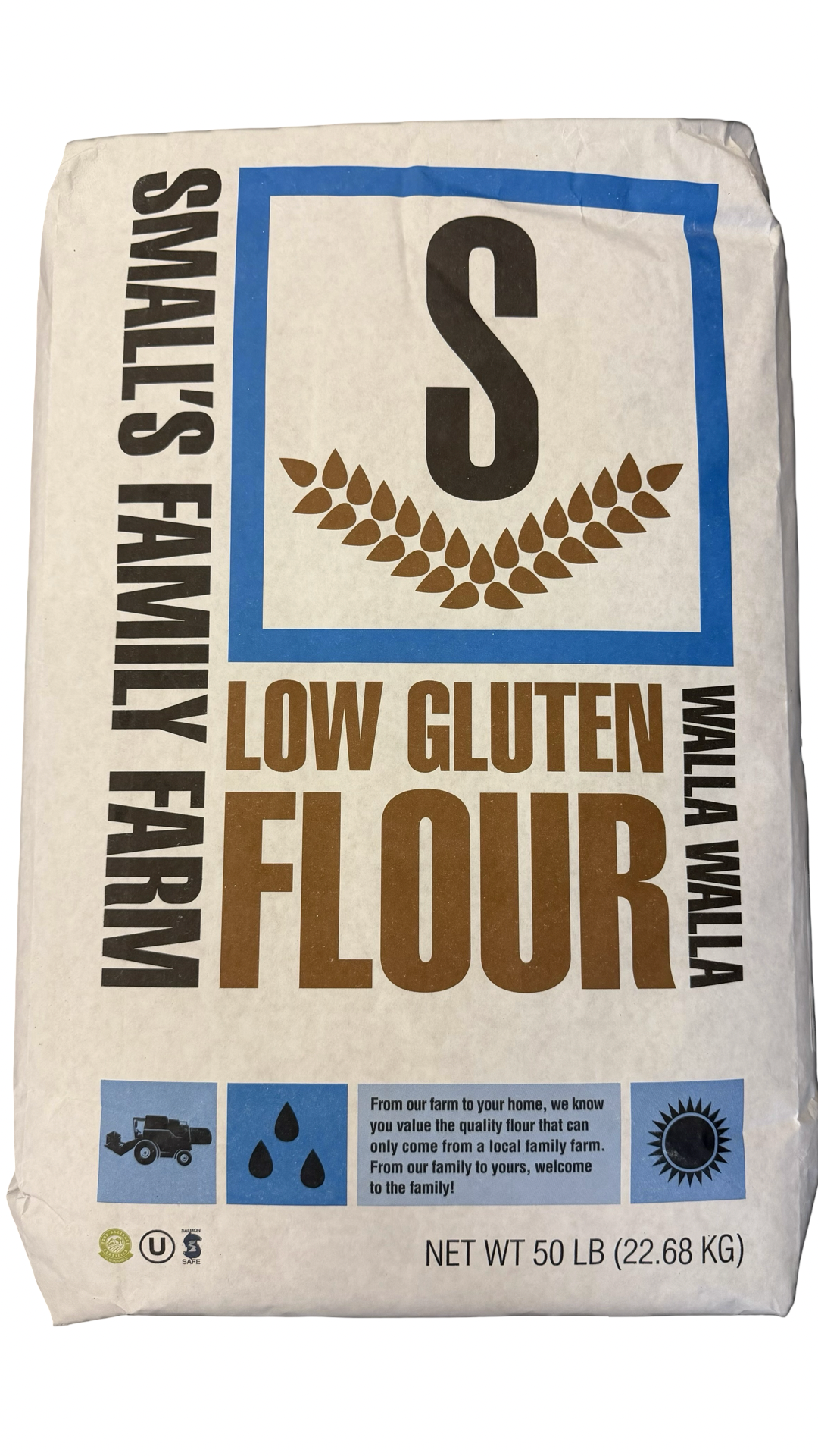 Small's Family Farm low-gluten wheat flour, 50 lb bag — single-varietal, single-farm milled in Walla Walla, Washington. Kosher and Salmon Safe certified. Ideal for pastry, biscuits, and tender-crumb baking.