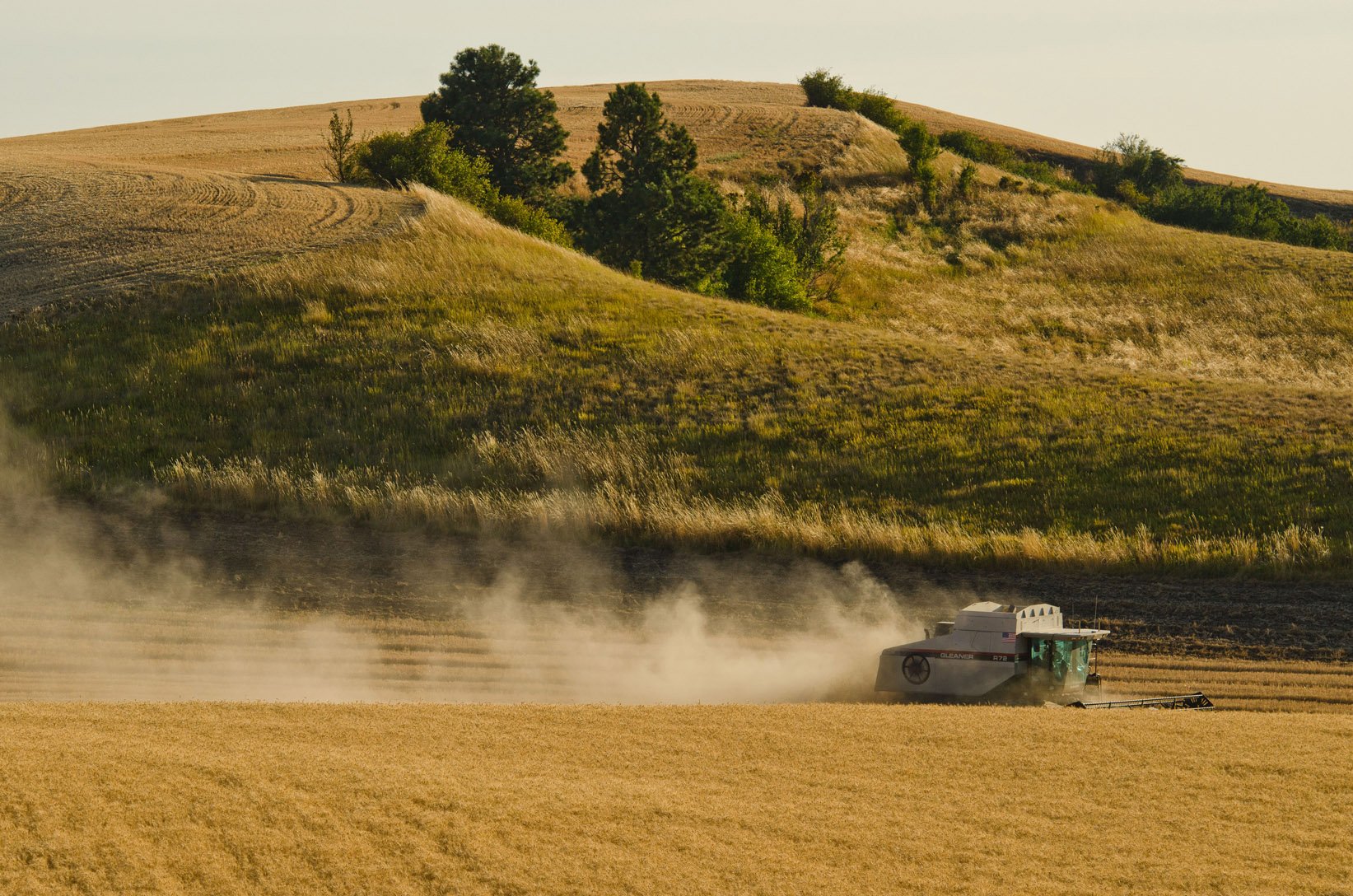 A large tractor working in a golden field with hills and trees in the background, dust rising behind it.