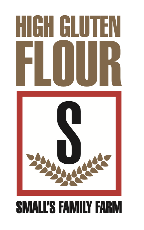Label for high gluten flour from Small's Family Farm, featuring large text and farm-themed design elements.