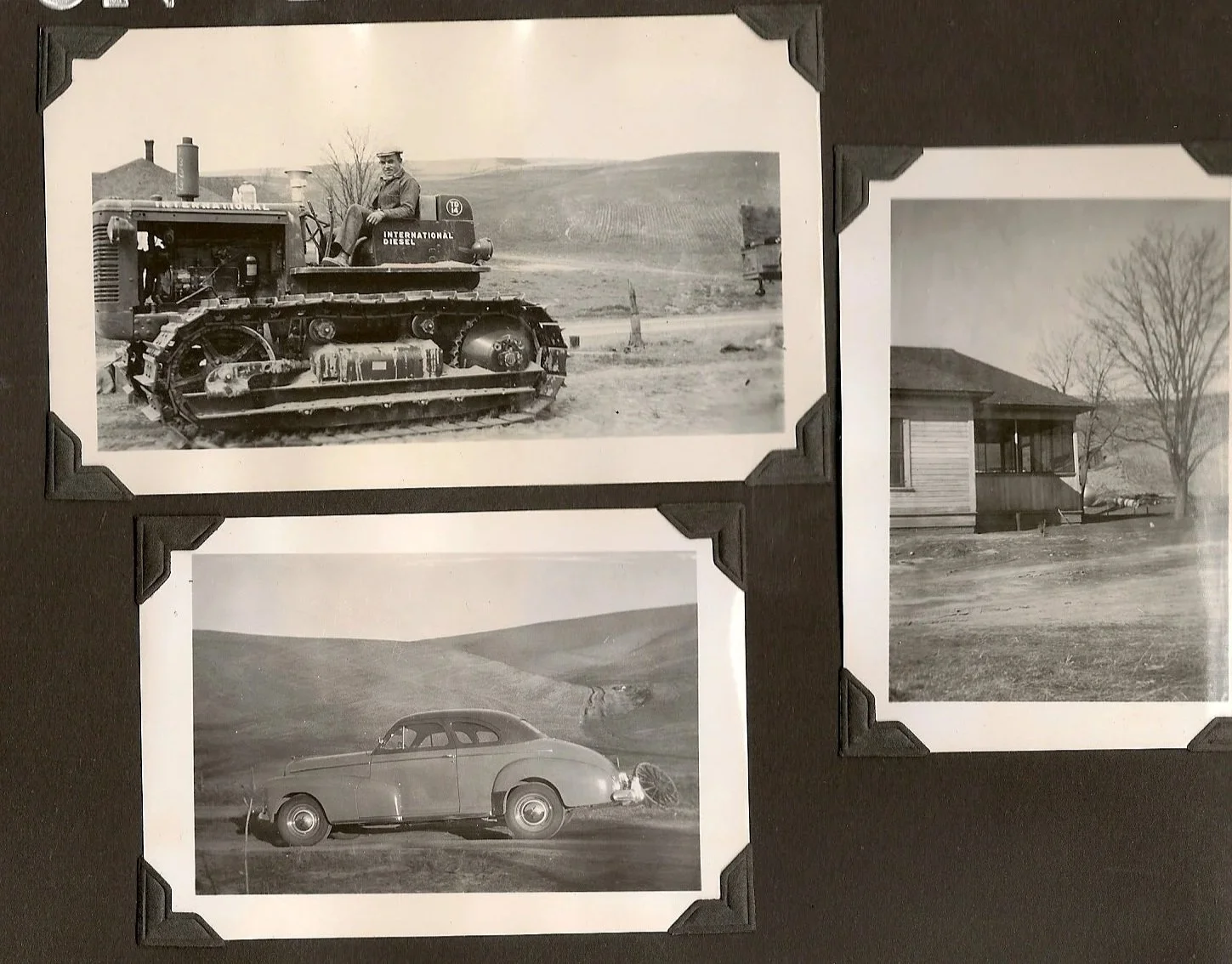 Collection of four black and white photographs, three of which are visible. The top left photo shows a man in a military uniform sitting on a vintage tank with a rural landscape in the background. The top right photo shows a house with some trees and an open yard. The bottom left photo shows a vintage car driving across a hilly landscape. The bottom right photo shows a landscape with trees and open land.