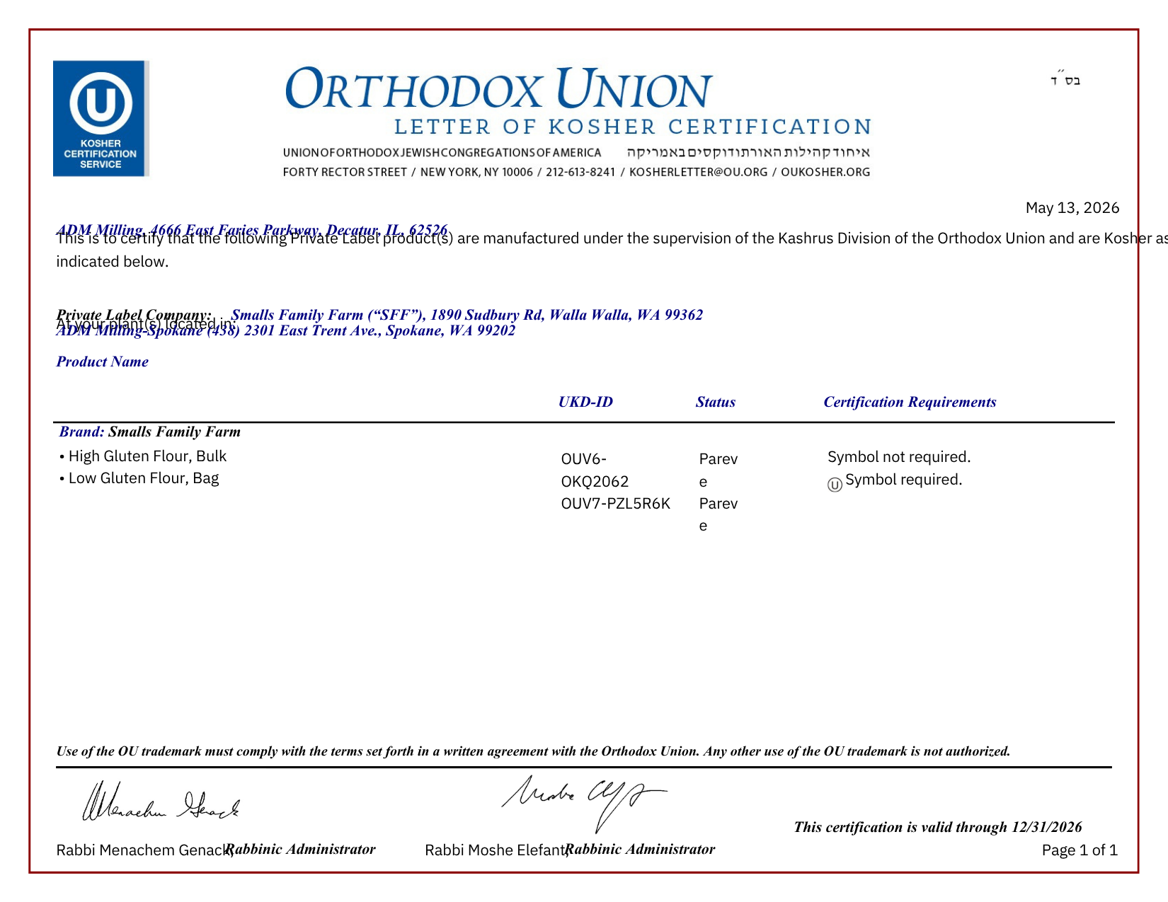 certificate of certification from orthodox union, letter of kosher certification for small's family farm flours