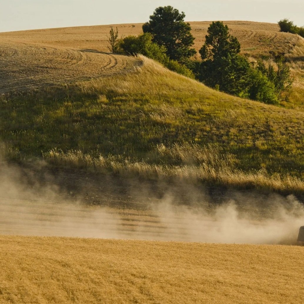 Agricultural landscape with rolling hills, trees, and dusty farmland in the background.