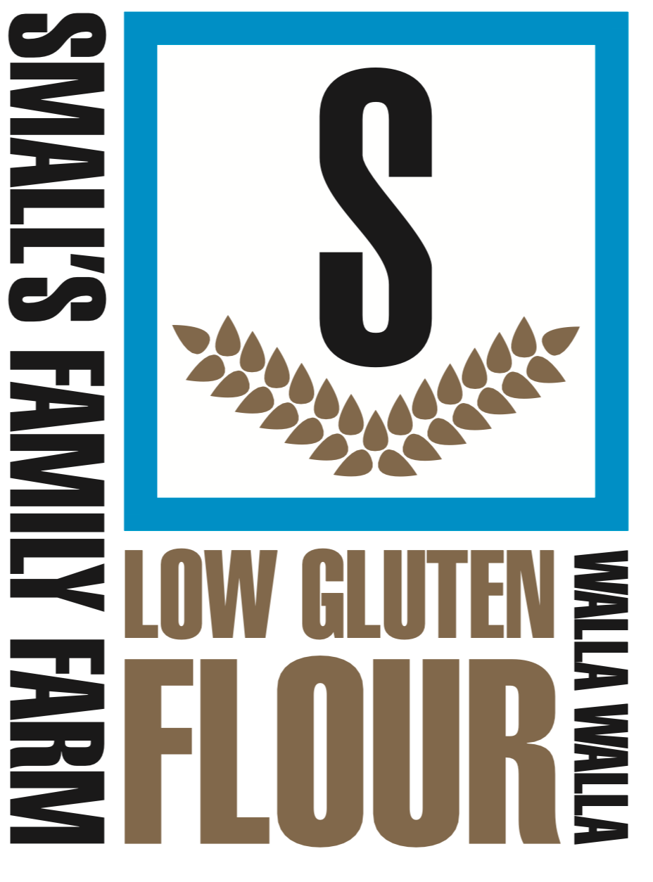Packaging label for sustainable, low gluten flour, with text indicating all-natural farm, and gluten icon with wheat symbol.