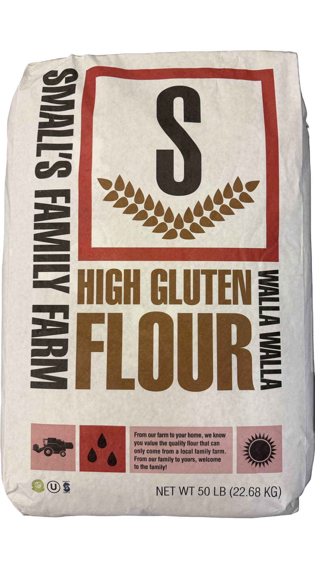 mall's Family Farm high-gluten wheat flour, 50 lb bag — single-varietal, single-farm milled in Walla Walla, Washington. Kosher and Salmon Safe certified. Ideal for bread, pizza dough, and pasta.