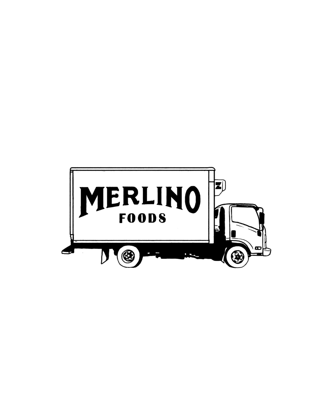Black and white illustration of a delivery truck with the words 'Merlino Foods' on the side.