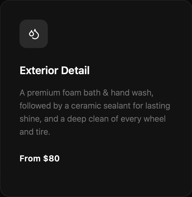 Screenshot of a mobile app detailing exterior car detail services, including a premium foam bath and hand wash, ceramic sealant, and tire cleaning, with prices starting at $80.