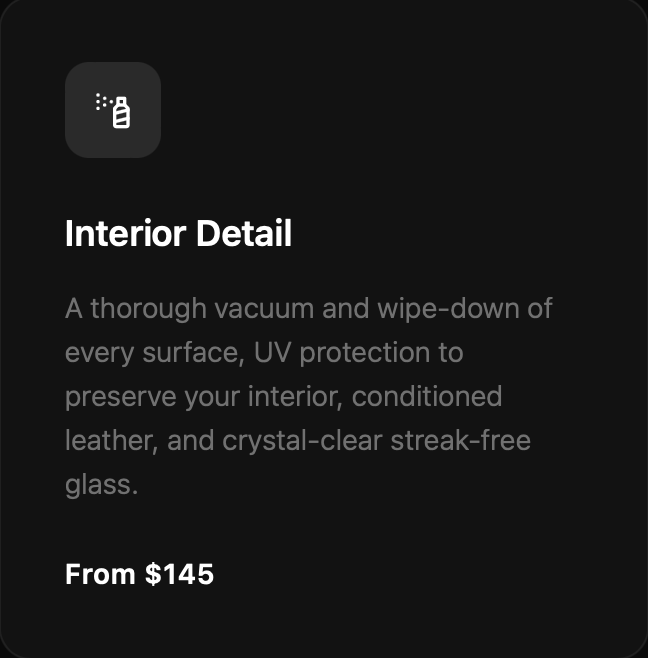 Screenshot of a mobile app detailing interior cleaning services, including vacuuming, wiping surfaces, UV protection, conditioned leather, and streak-free glass, with pricing starting at $145.