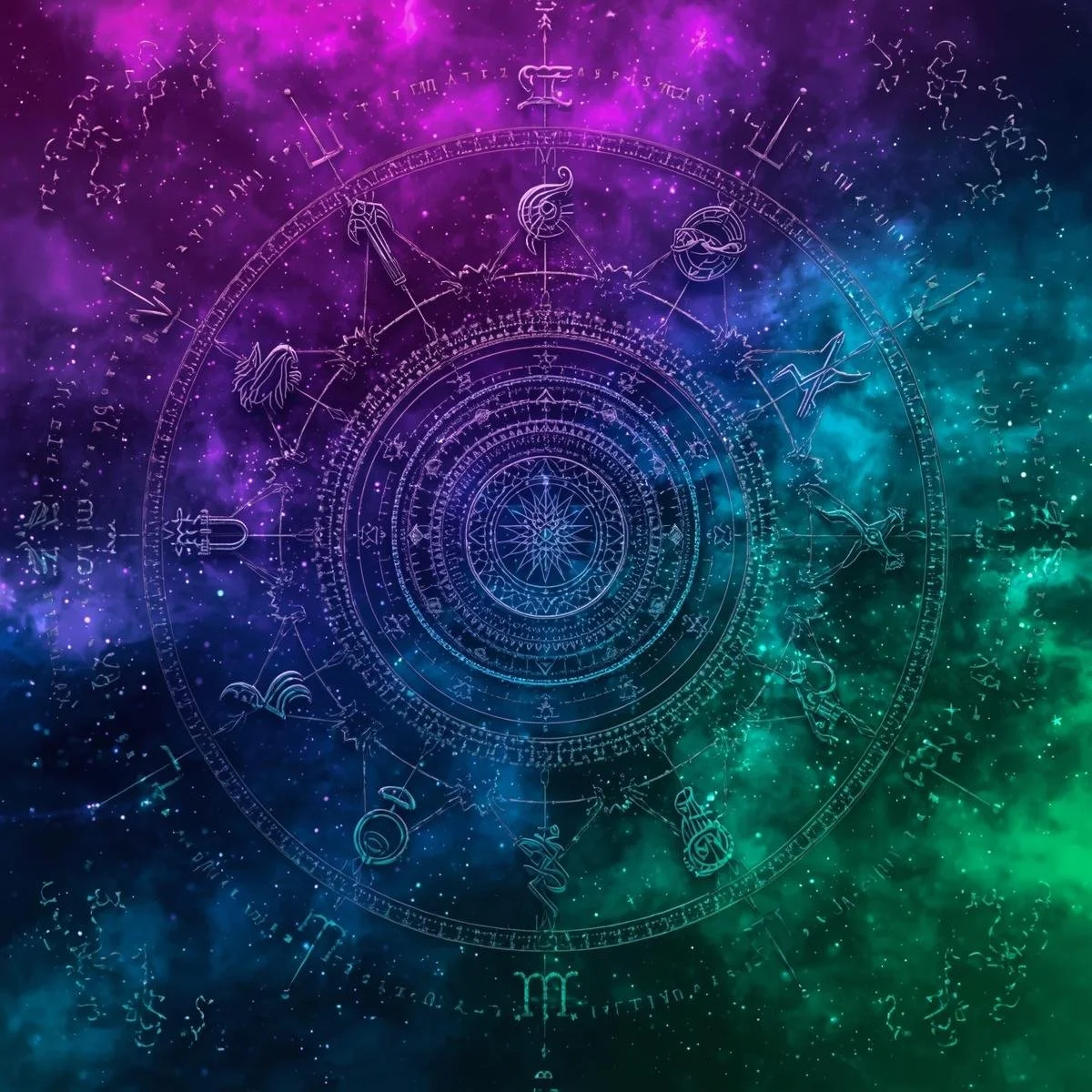 A digital depiction of an astrological chart with zodiac symbols and constellations, set against a colorful galaxy background of purple, blue, and green nebulae.