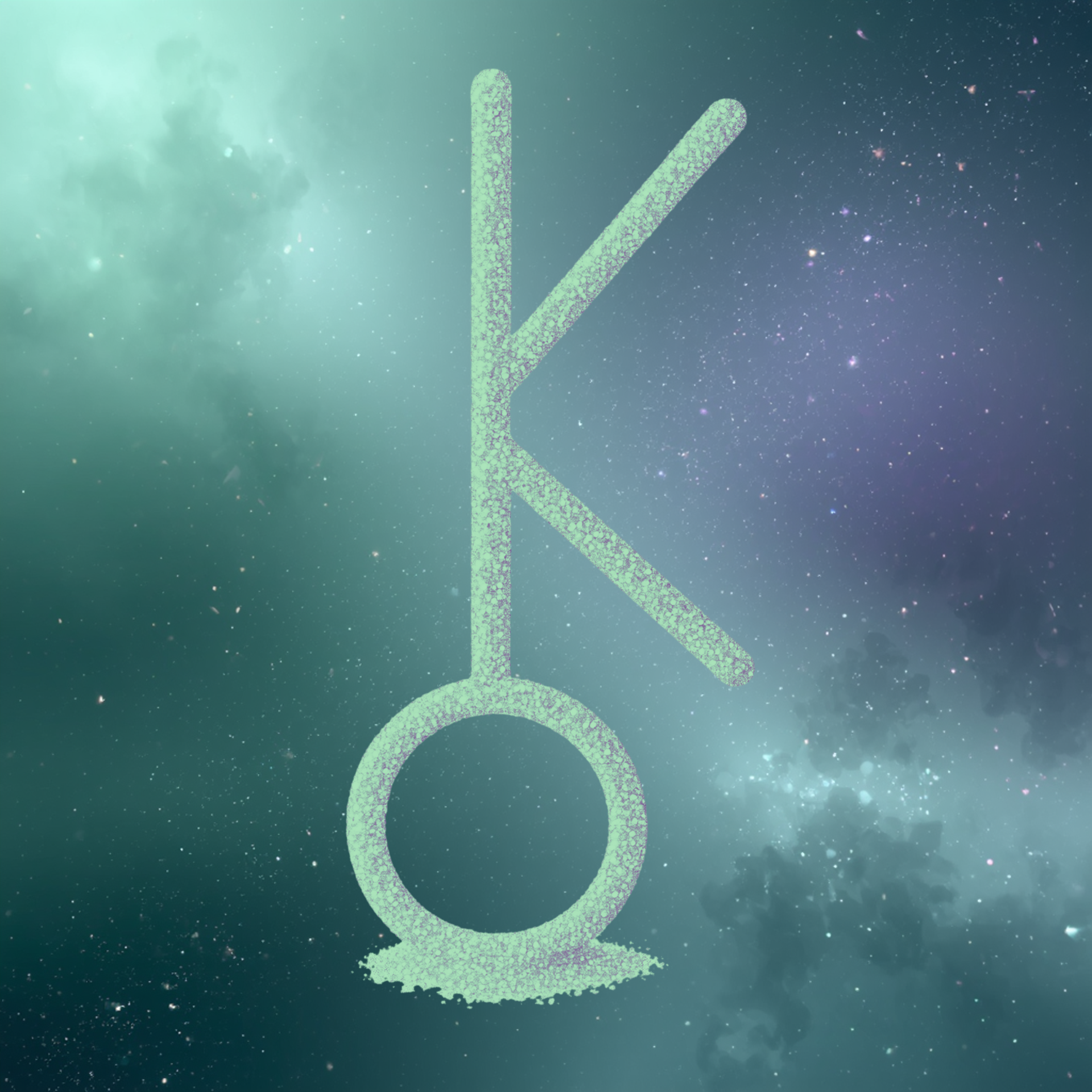 A glowing, stylized Chiron symbol, set against a starry galaxy background with clouds