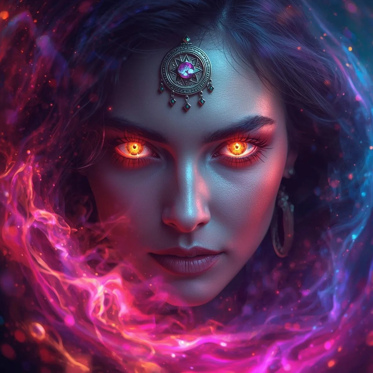 A woman with glowing orange eyes, adorned with a decorative forehead jewel, surrounded by swirling colorful energy in shades of pink, purple, and blue.