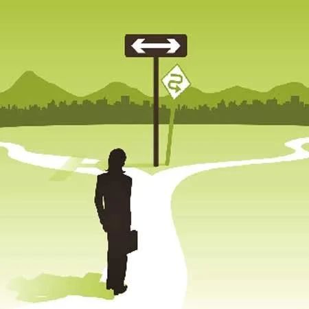 Silhouette of a person holding a briefcase at a fork in the road with a sign pointing in both directions, in front of a green landscape background.