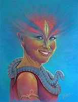 Colorful portrait of a woman with tribal face paint, braided hair, and a snake around her shoulders.