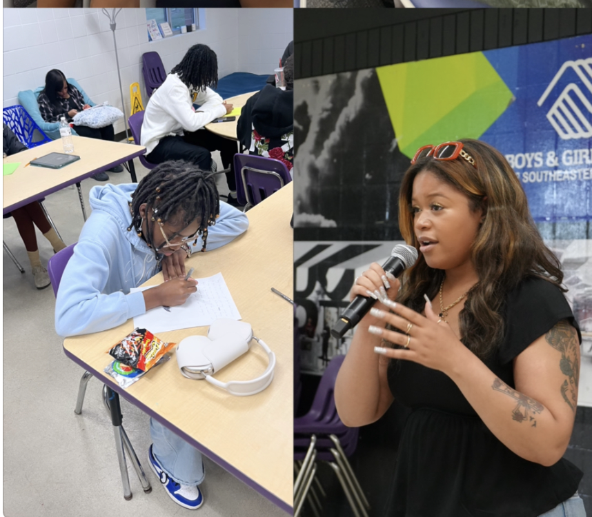 A classroom with students studying at tables on the left side, and a woman speaking into a microphone at an event with a blue and green backdrop on the right side.