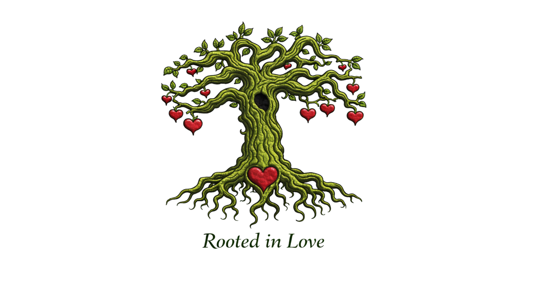 Illustration of a tree with a green trunk and branches, adorned with various red hearts, and the phrase "Rooted in Love" written below in green.