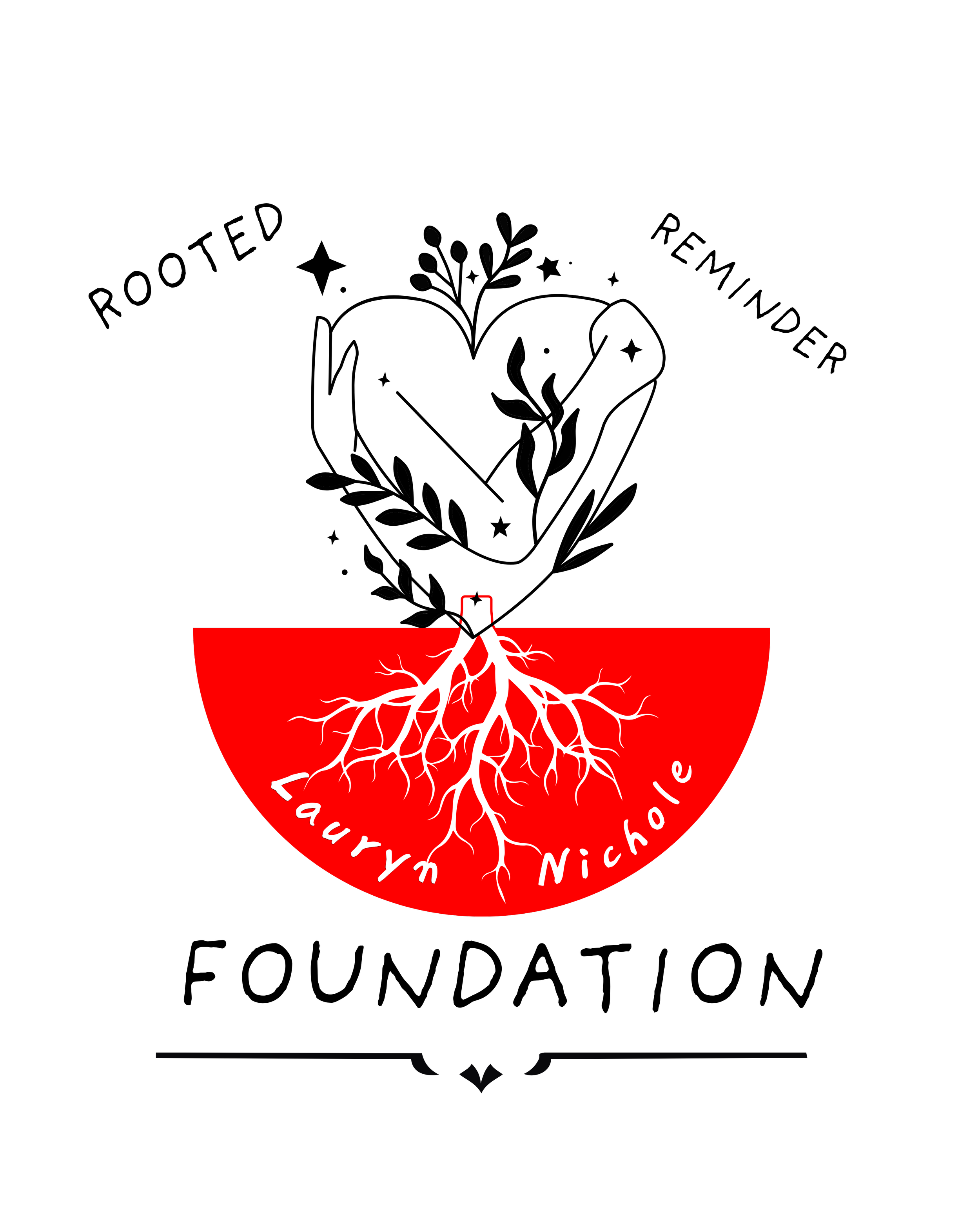 A clean design of a black circle with a red semicircular shape at the bottom. Inside the red shape, white roots extend downward, and the name 'Lauryn Nichole' is written in white cursive along the roots.