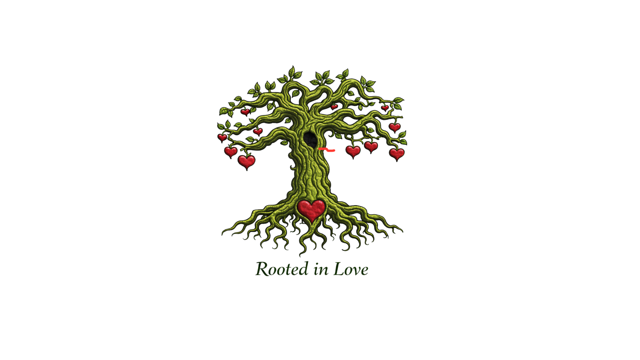 A green tree with many roots and branches, adorned with red hearts. The roots form a heart shape at the bottom, and the phrase "Rooted in Love" is written below in green.