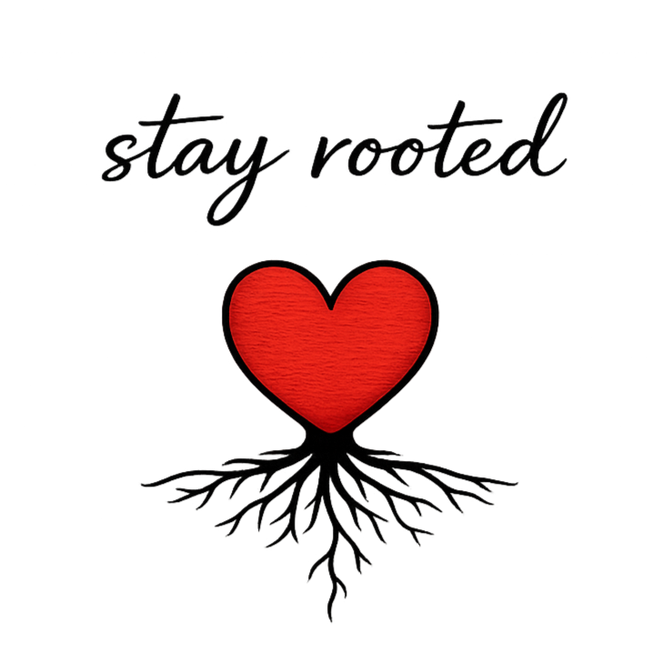 A red heart with roots underneath and the phrase "stay rooted" above it in black script.