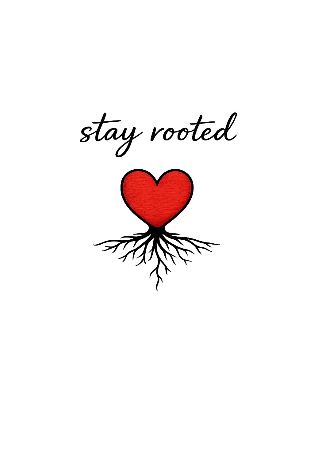 A digital illustration of a red heart with roots extending beneath it. The words "stay rooted" are written above the heart in black cursive. The background contains colorful, glowing light streaks and patterns.