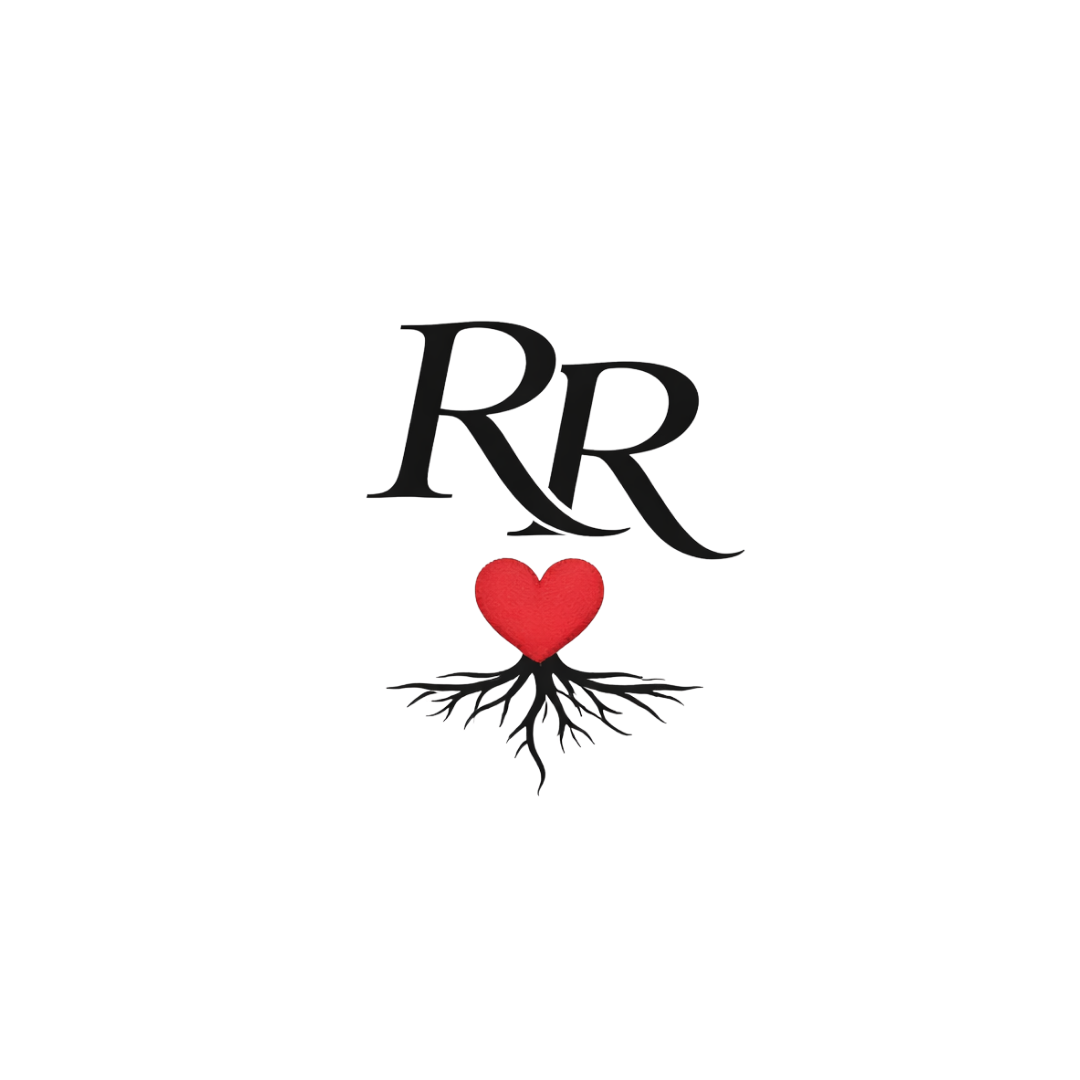 Design with two intertwined 'R's, a heart, and roots underneath, symbolizing love and growth.