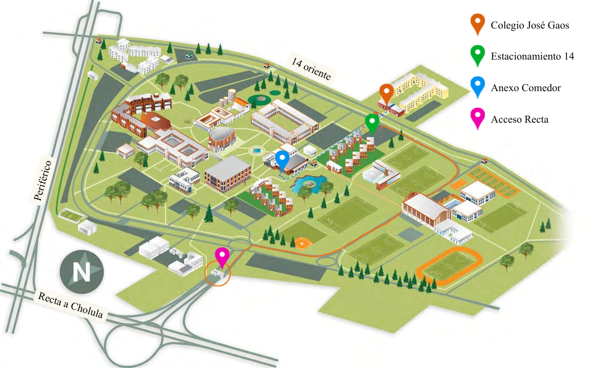 Mapa del Campus con marcadores en diferentes lugares, incluyendo Colegio José Gaos, Estacionamiento 14, Anexo Comedor y Acceso Recta, además de calles y áreas deportivas.
