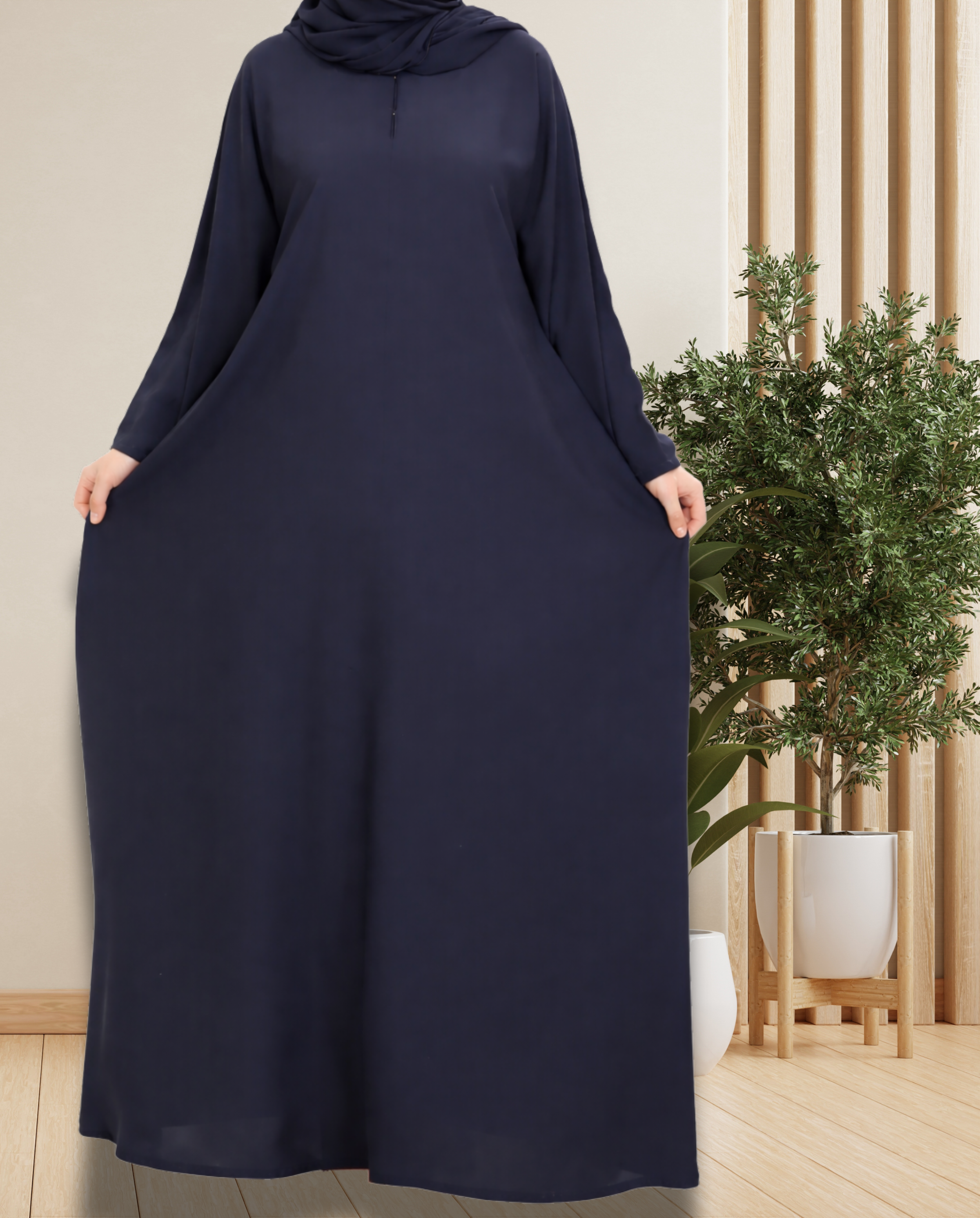 Umbrella Closed Abaya with Wide Sleeves Smokey Blue flowing relaxed silhouette front view