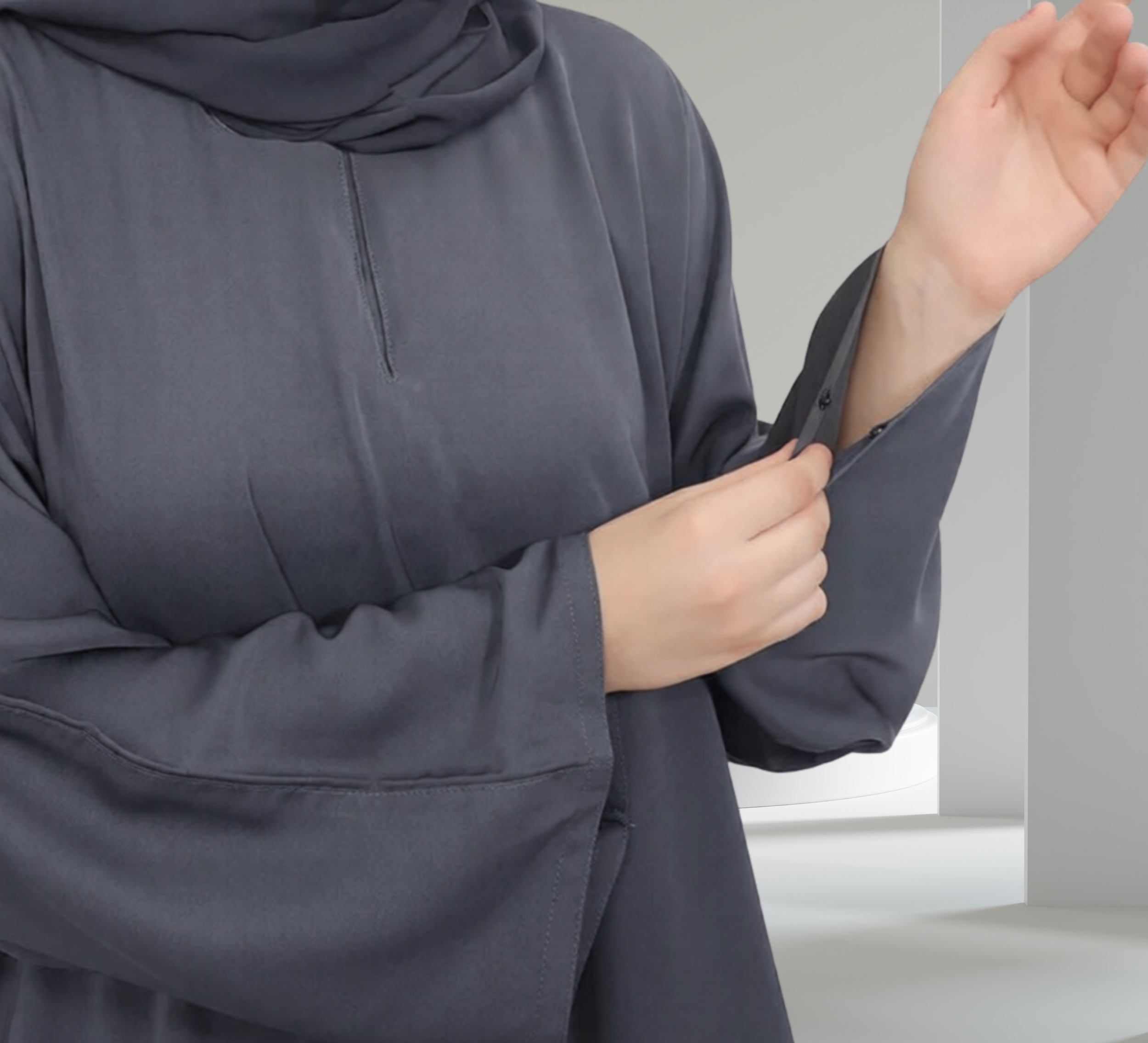 Umbrella Closed Abaya with Wide Sleeves Charcoal Grey sleeve button detail