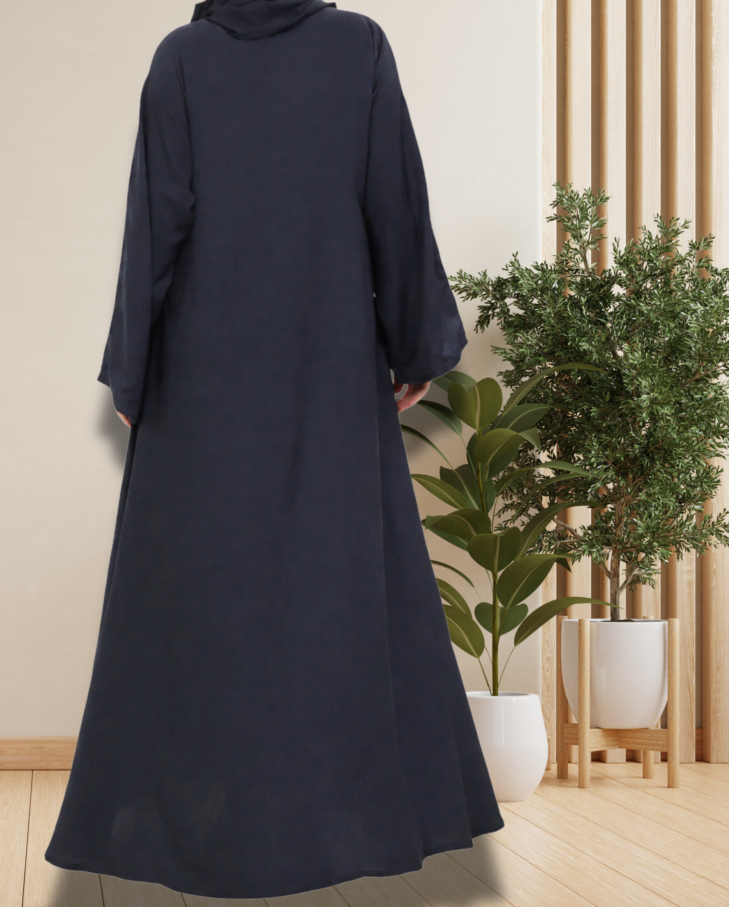 Umbrella Closed Nida Abaya with Wide Sleeves Smokey Blue back view-perfect for everyday wear  and Hajj or Umrah