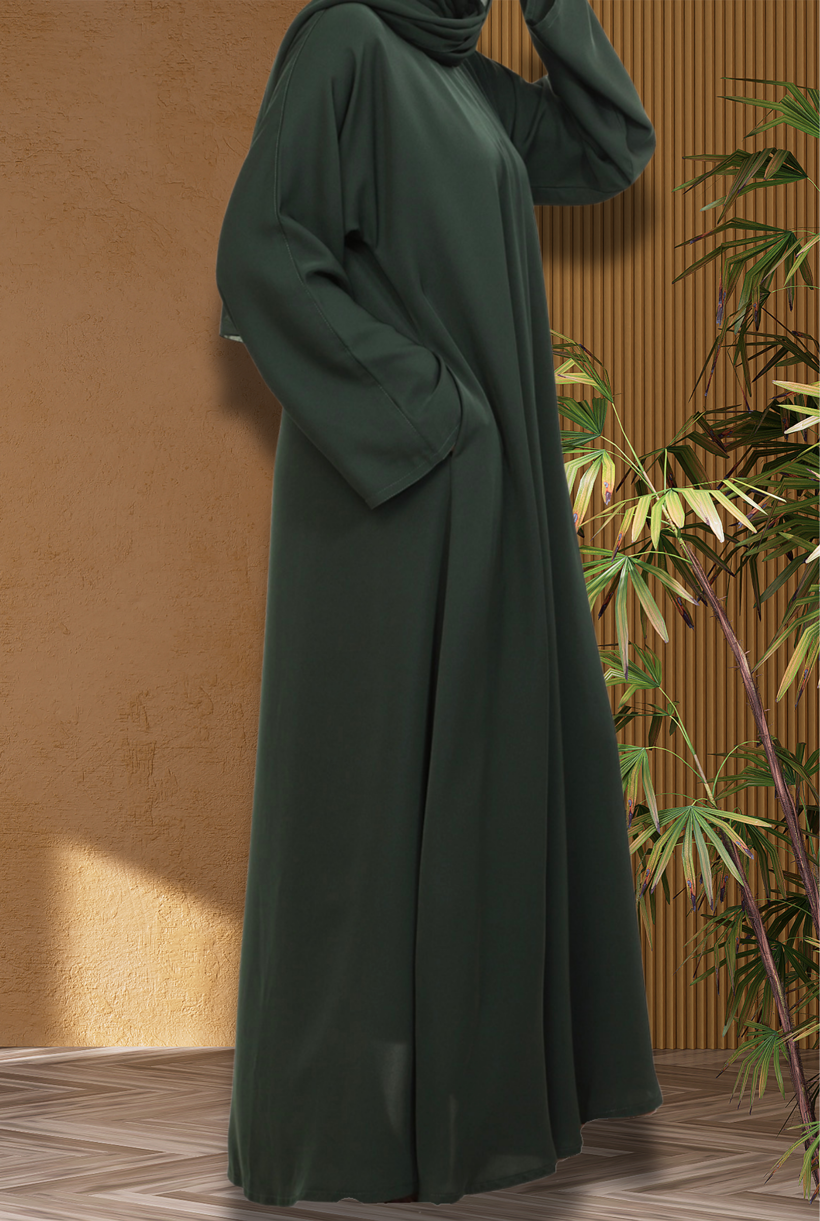 Umbrella Closed Nida Abaya with Wide Sleeves Emerald Green-perfect for everyday wear  and Hajj or Umrah showing pocket