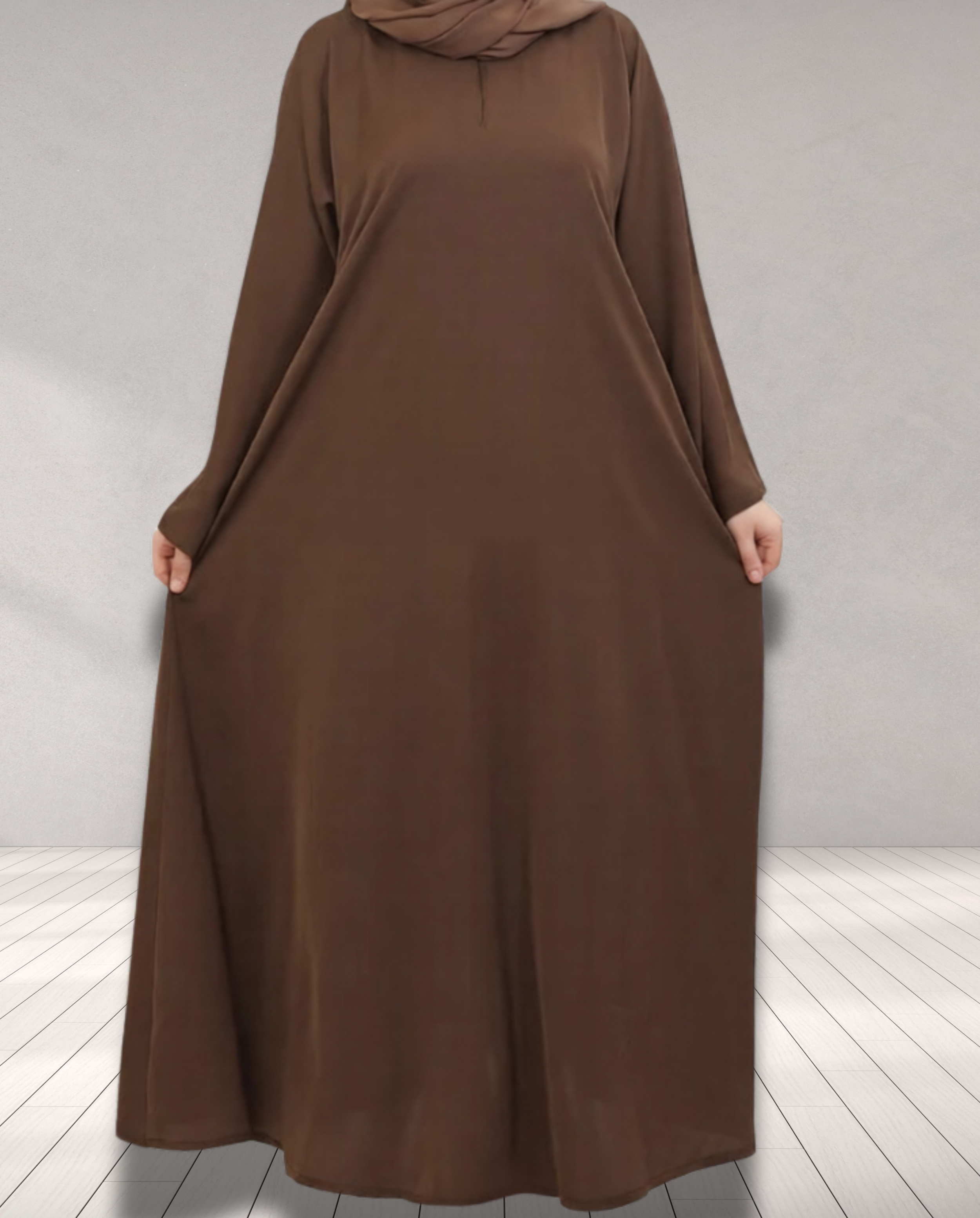 Umbrella Closed Abaya with Wide Sleeves Chestnut Brown flowing relaxed silhouette front view