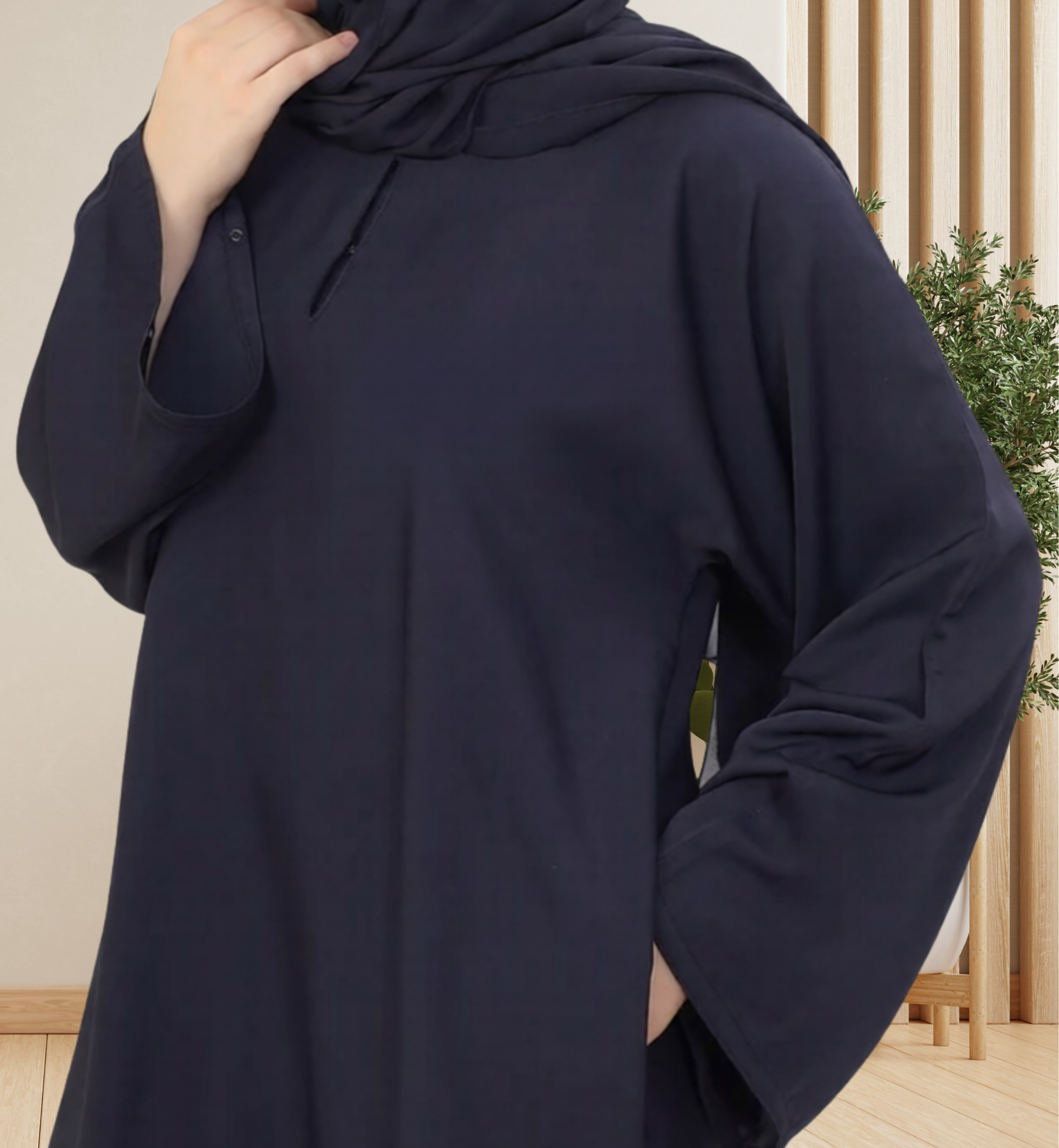 Umbrella Closed Abaya with Wide Sleeves Smokey Blue front close-up showing pocket-perfect for everyday wear  and Hajj or Umrah