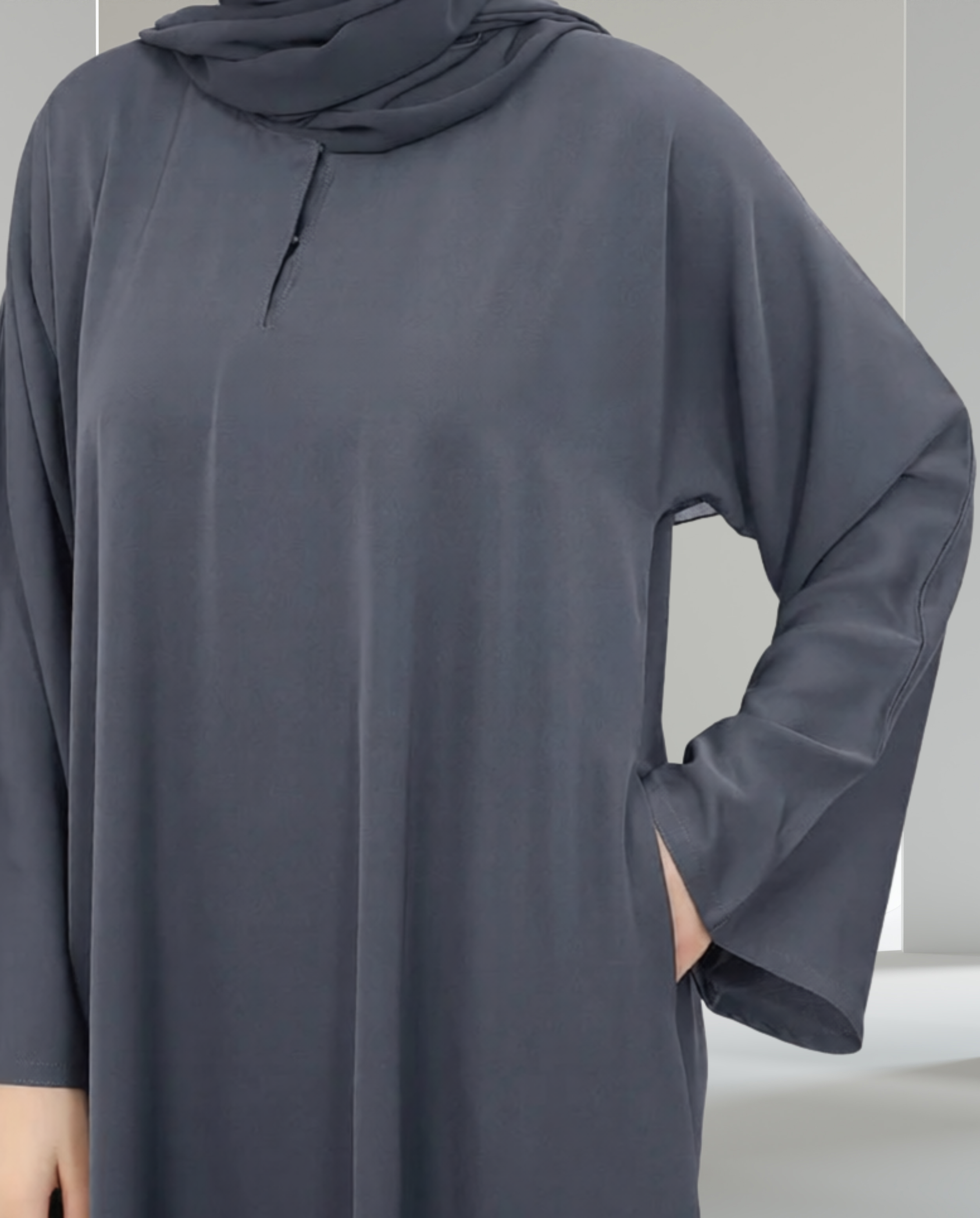 Umbrella Closed Abaya with Wide Sleeves Charcoal Grey front close-u with pocketp