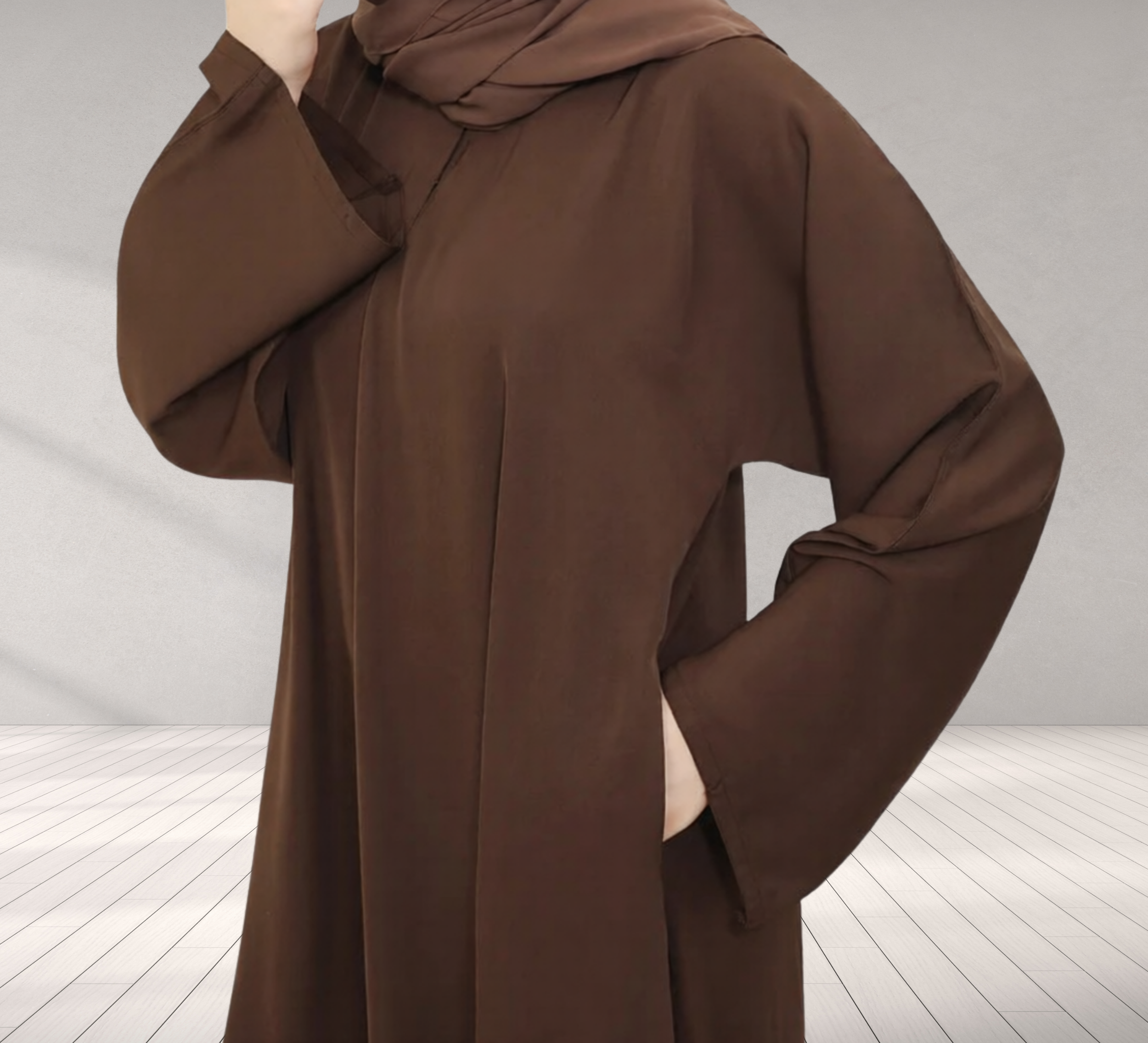 Umbrella Closed Abaya with Wide Sleeves Chestnut Brown front close-up showing pocket