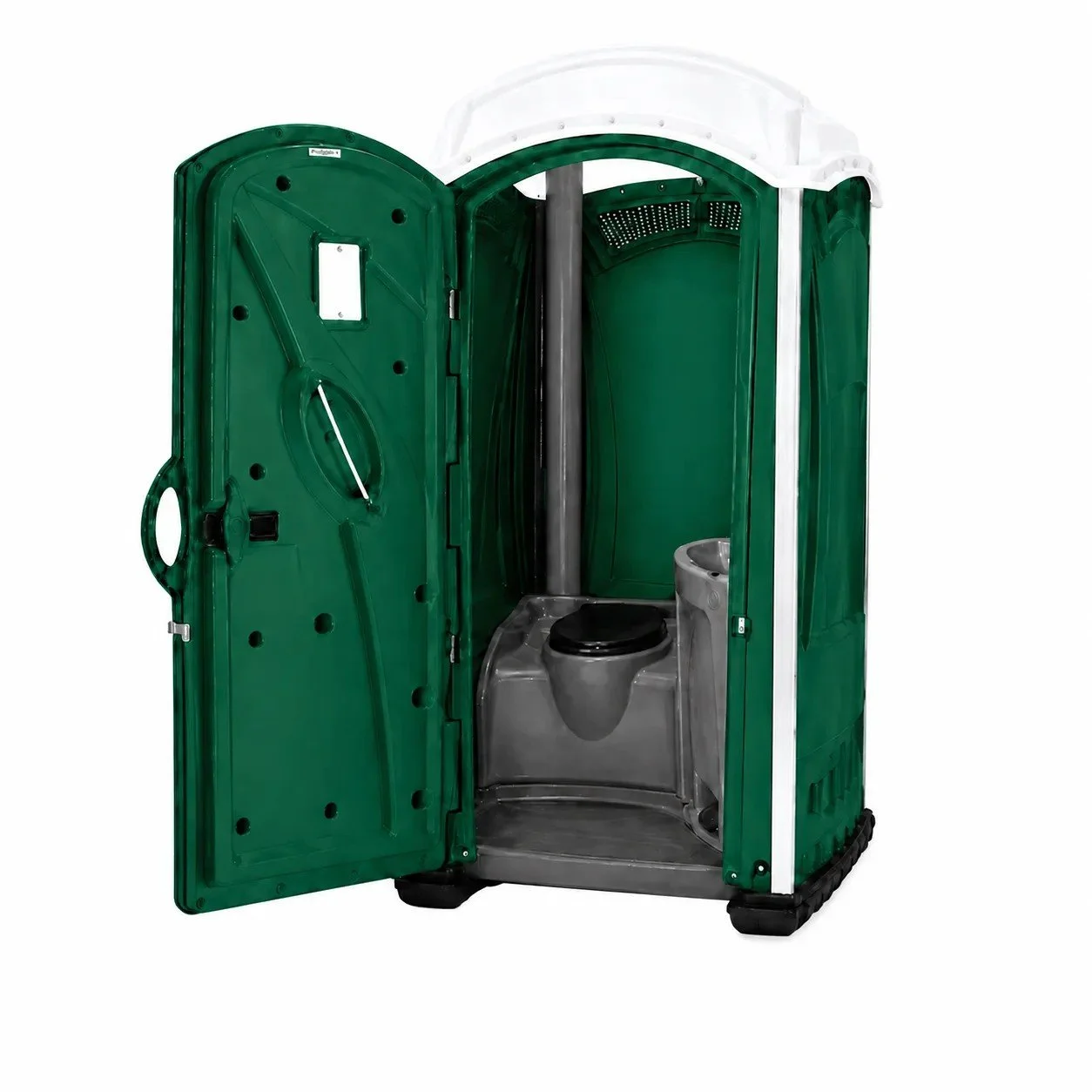 Interior of a standard portable restroom compared to a luxury restroom trailer.