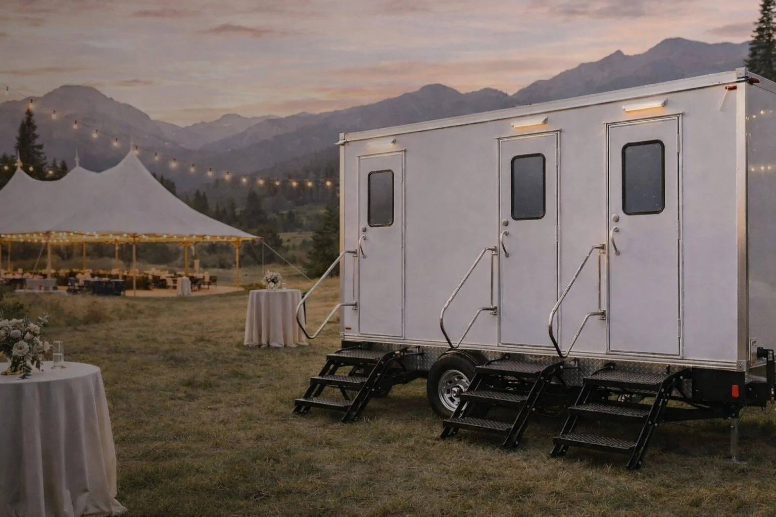 Luxury restroom trailer at an outdoor wedding in Salida Colorado with mountain views and tented reception setup