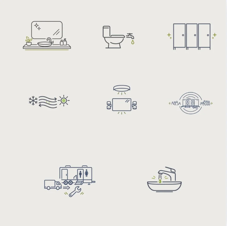 Icons representing luxury restroom trailer rental features including flushing toilets, sinks, climate control, lighting, and delivery