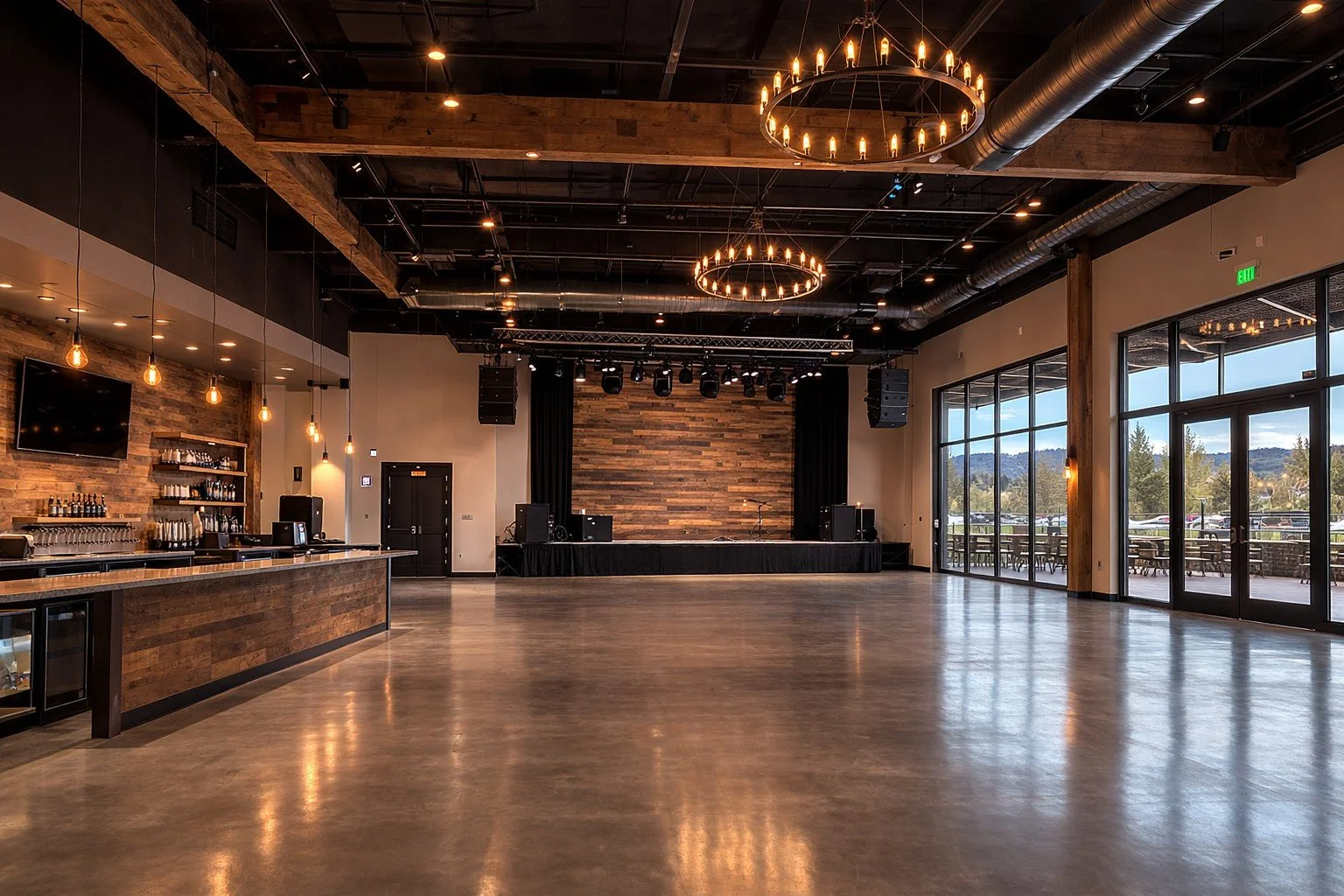 Modern Colorado event venue interior with mountain views and large reception hall