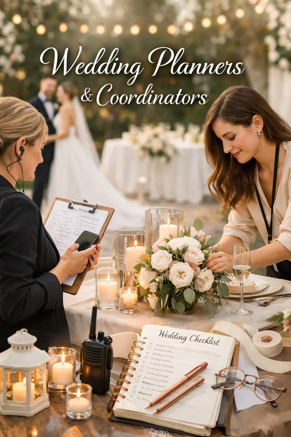 Luxury wedding planners and coordinators setting up an outdoor wedding in Colorado with elegant decor and floral arrangements