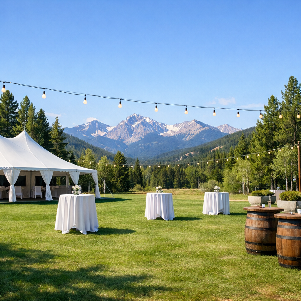 Outdoor Colorado event venue setup with tent and cocktail tables in mountain landscape for weddings and private events