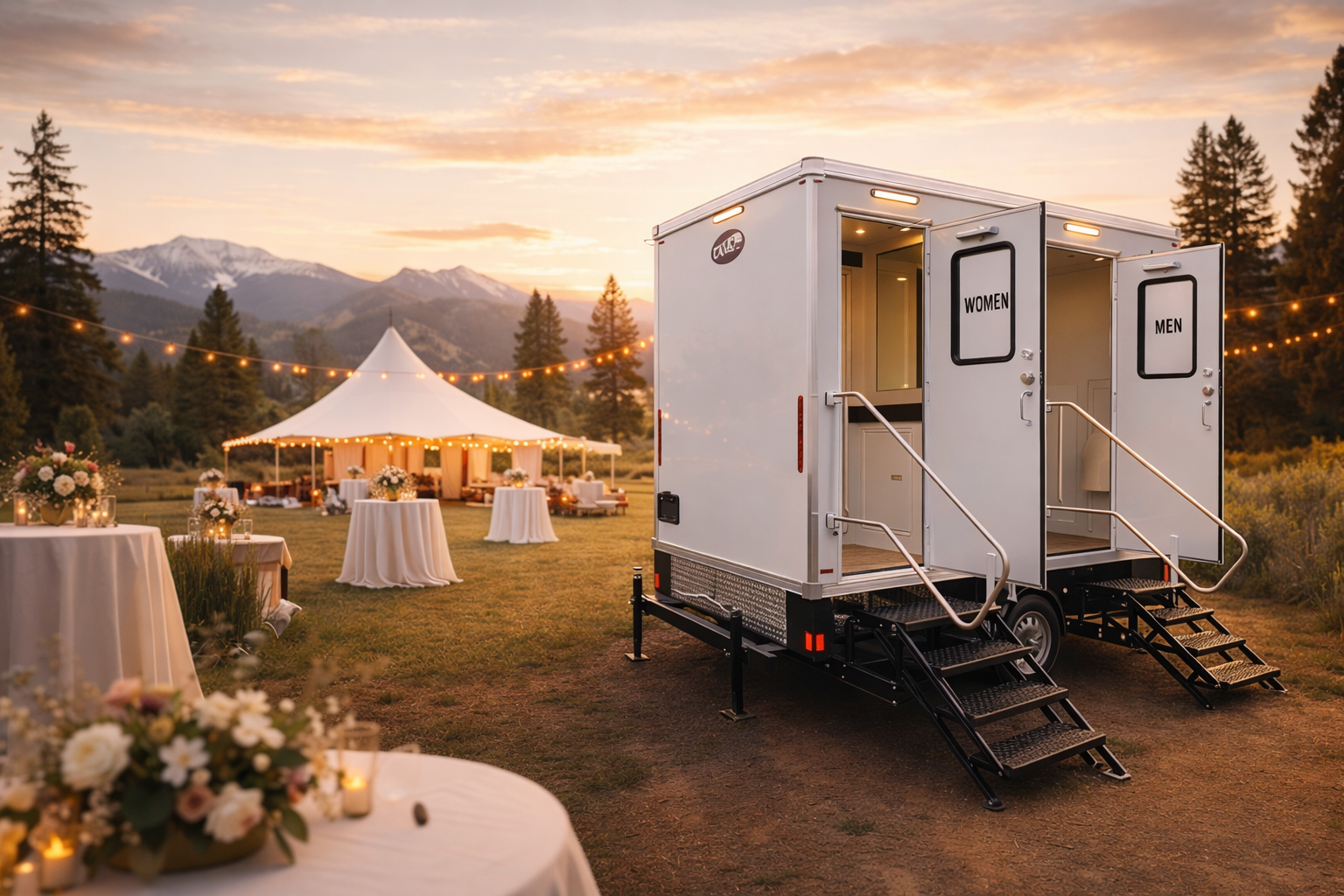 Luxury restroom trailer for outdoor wedding venue in Denver Colorado with reception tent