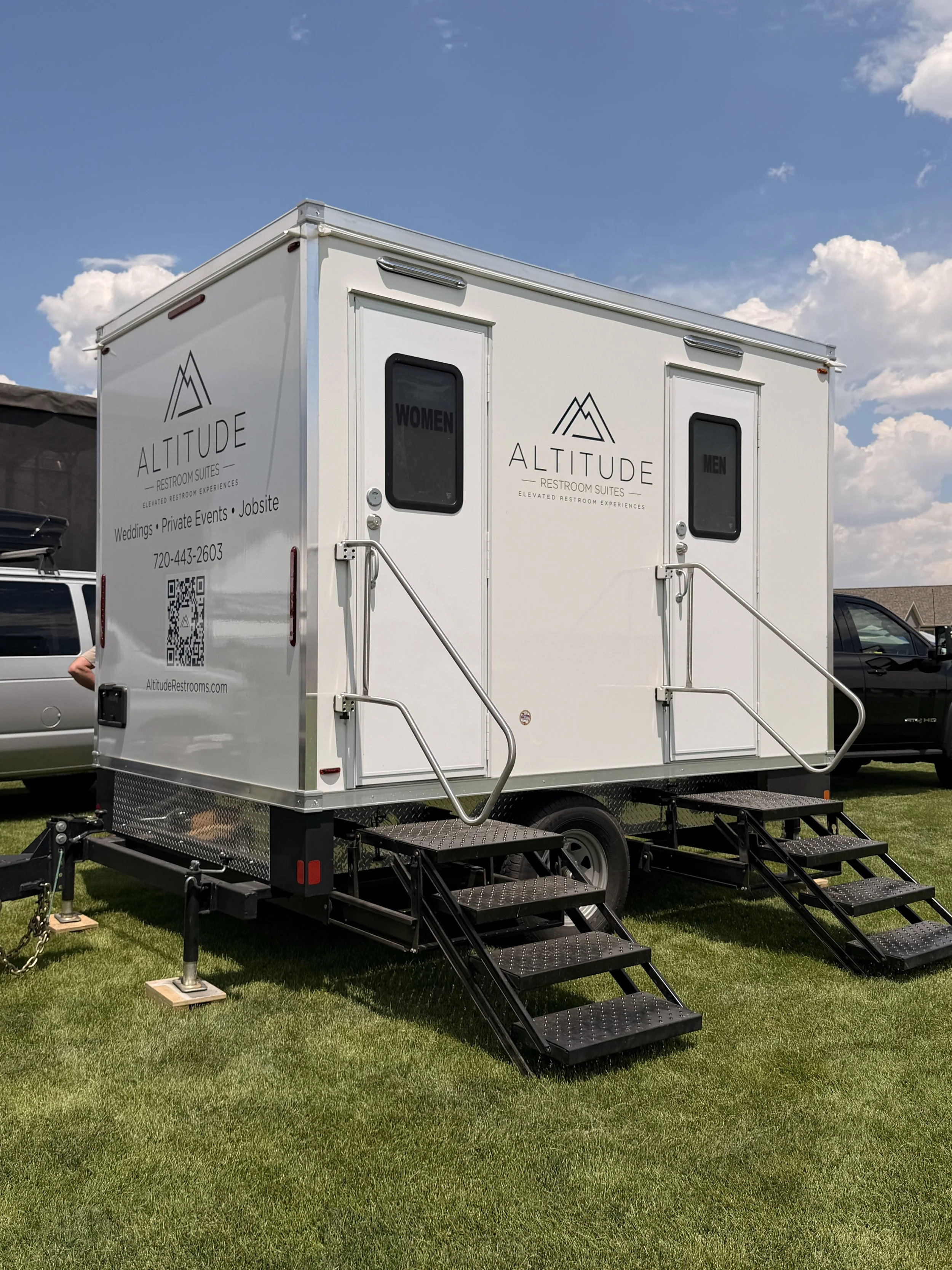 Luxury restroom trailer manufactured by Lang Specialty Trailers and operated by Altitude Restroom Suites in Colorado