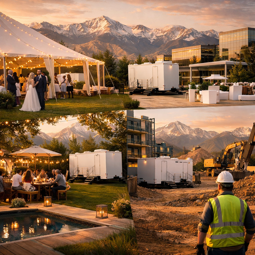 Luxury restroom trailer rentals in Colorado shown in multiple real-world settings including an outdoor wedding with tent lighting, corporate event setup, private backyard party, and active construction site with mountain scenery at sunset.