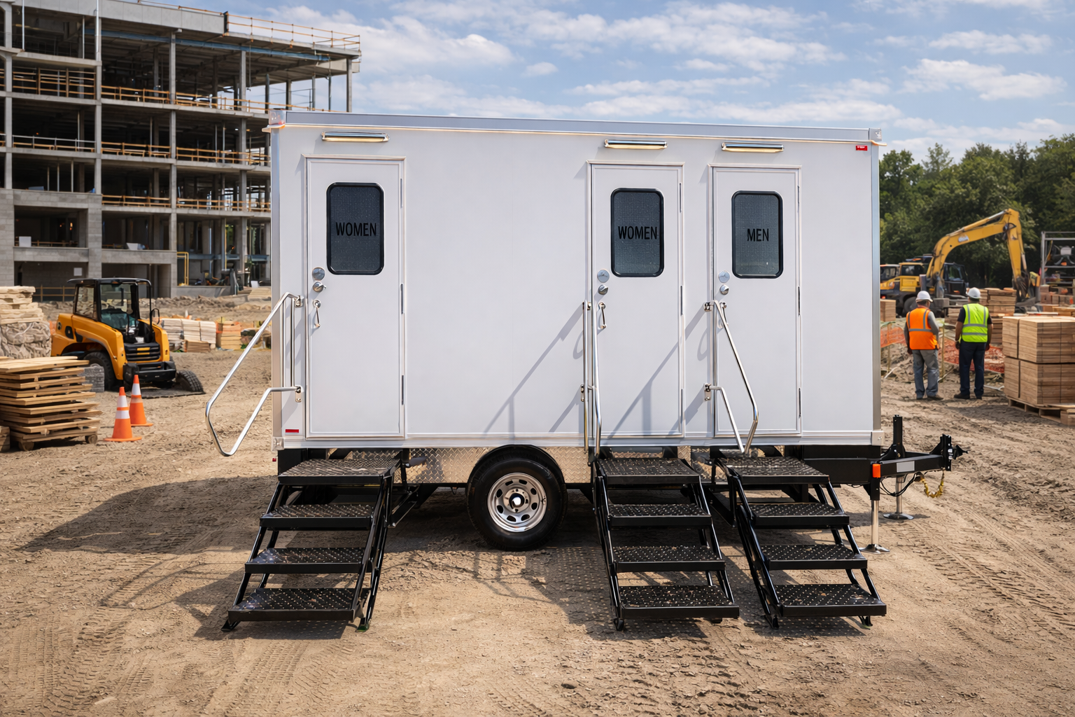 Luxury restroom trailer at a commercial construction site providing restroom facilities for workers in Denver Colorado