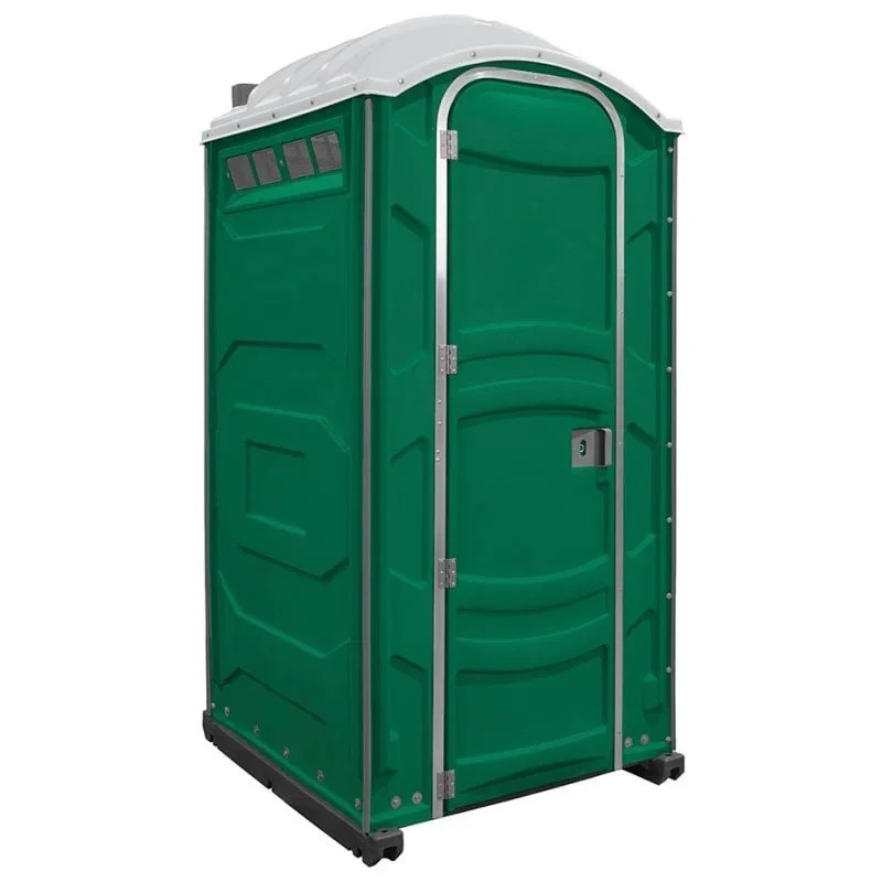 Standard portable restroom exterior commonly used at outdoor events.