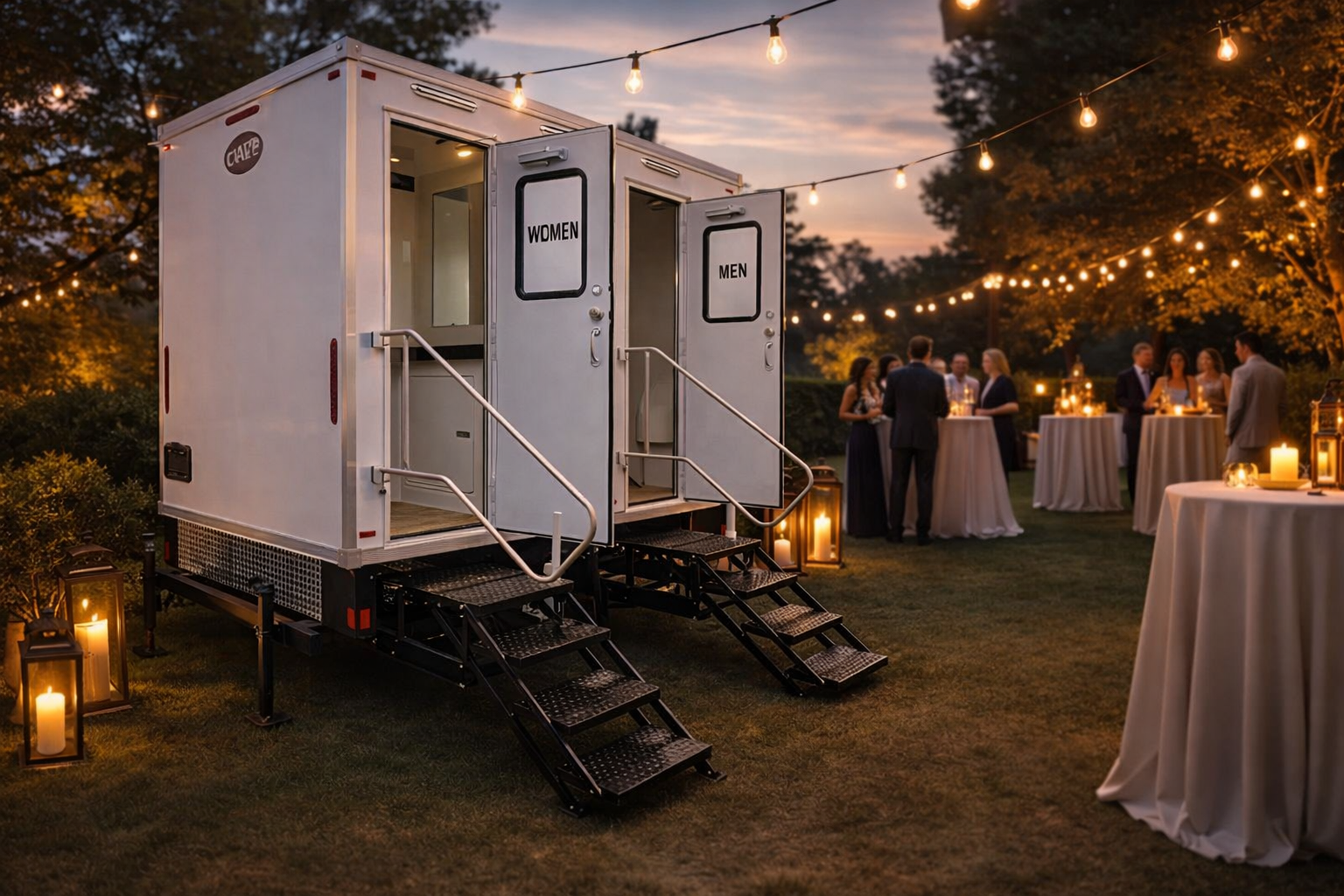 Luxury 2 station restroom trailer at an outdoor private party event with string lights and guests in Denver Colorado